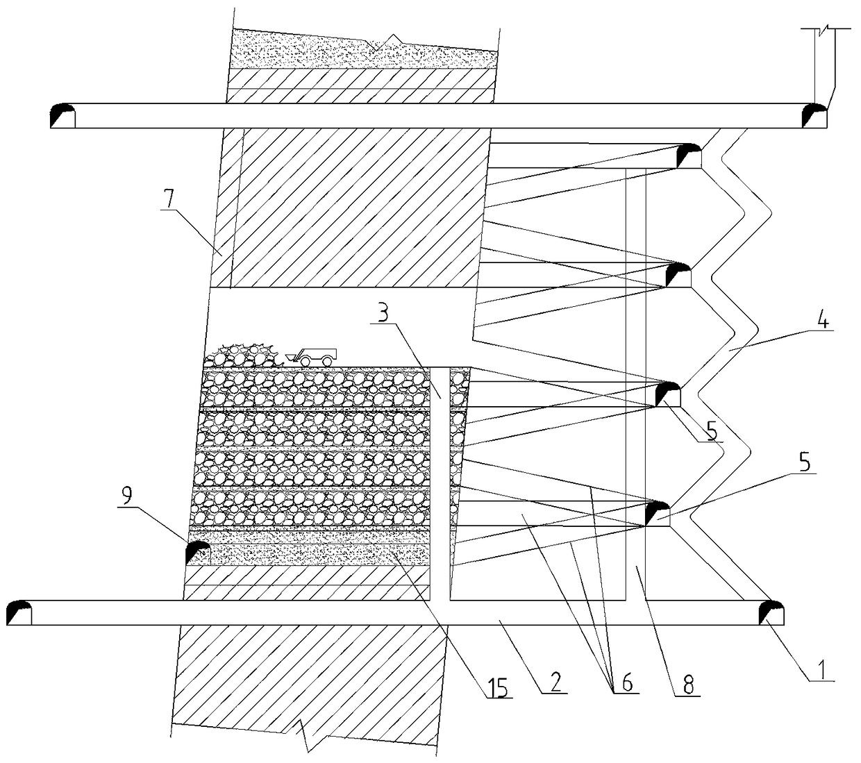 Mining method of waste rock filling with artificial concrete retaining wall reconstructed inter-column