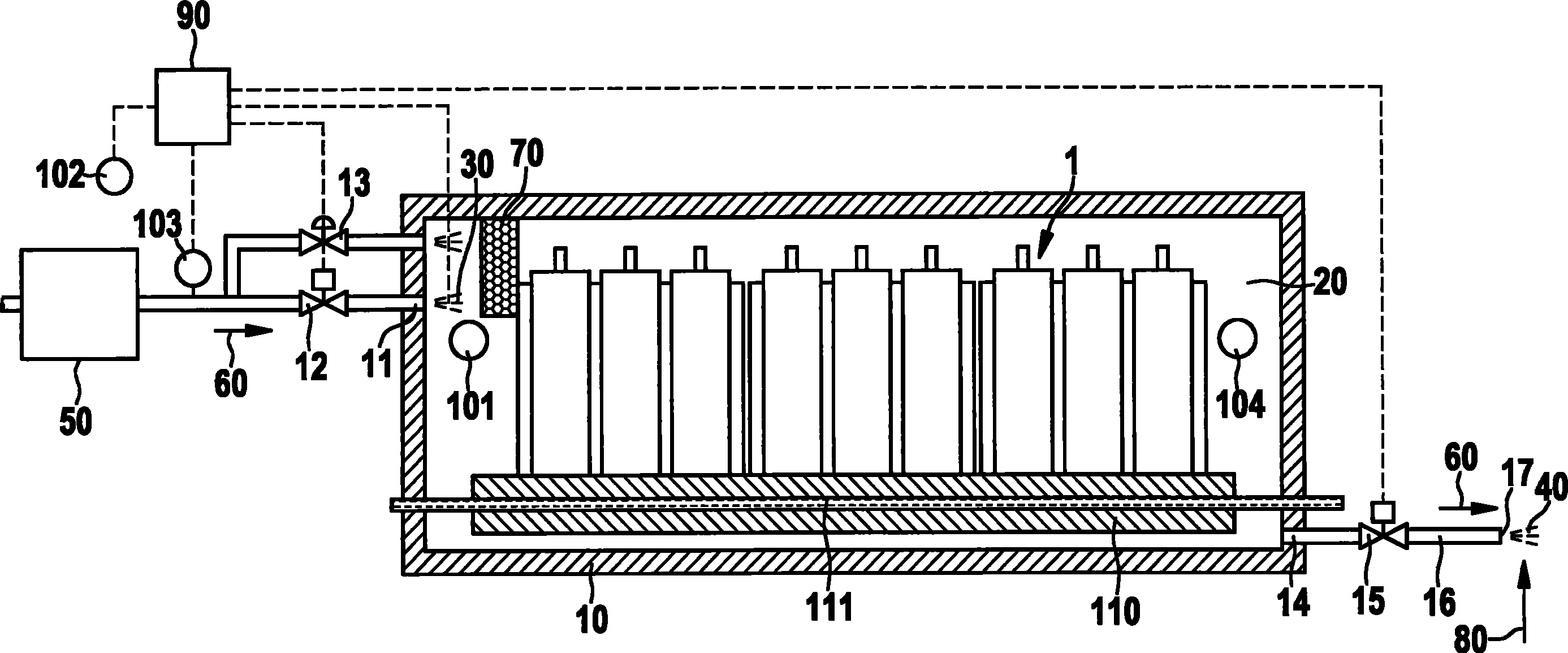 Method and device for decreasing moisture in a gas in a housing interior