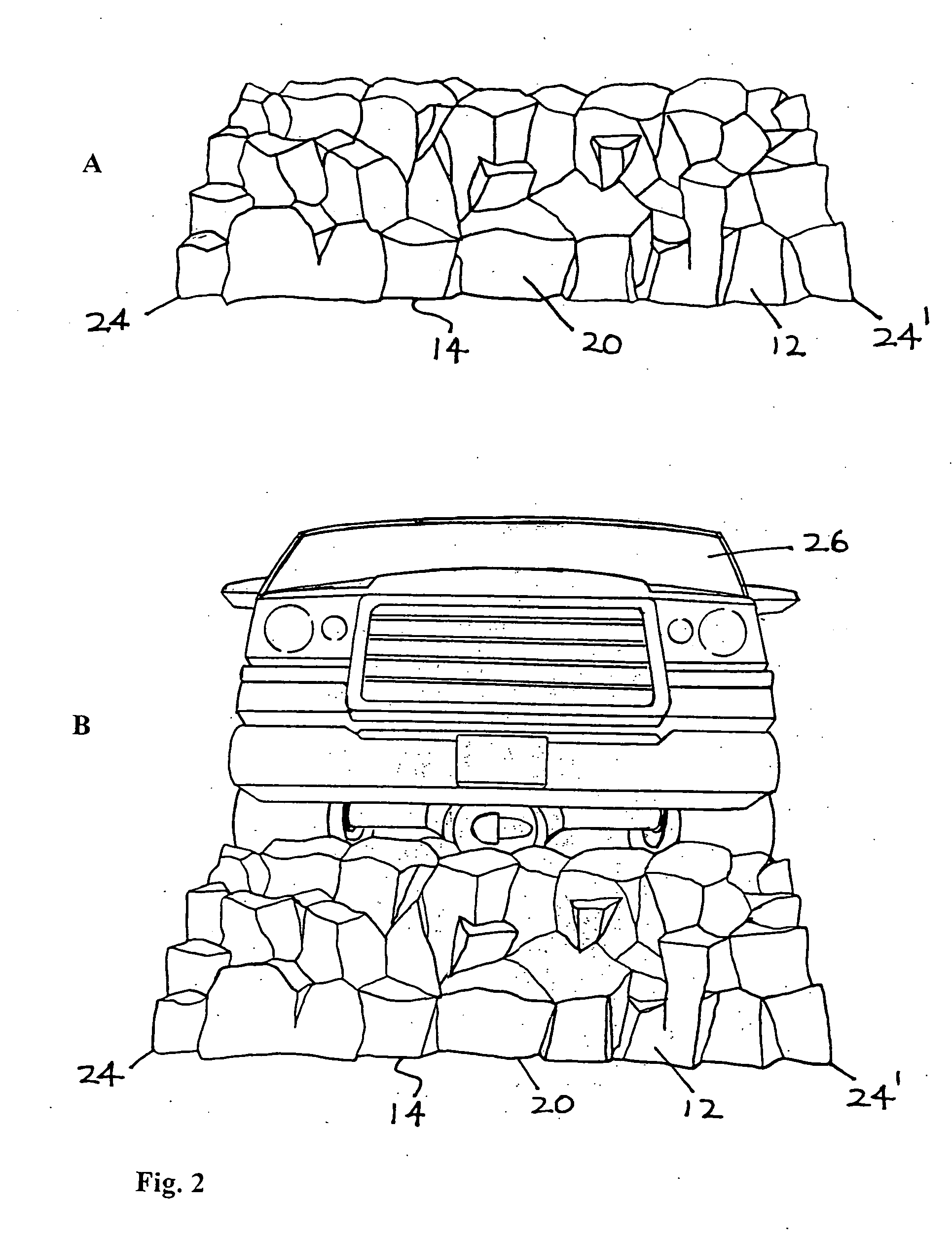 Method and composition for car ramp concealing fiberglass artificial geological rock formation