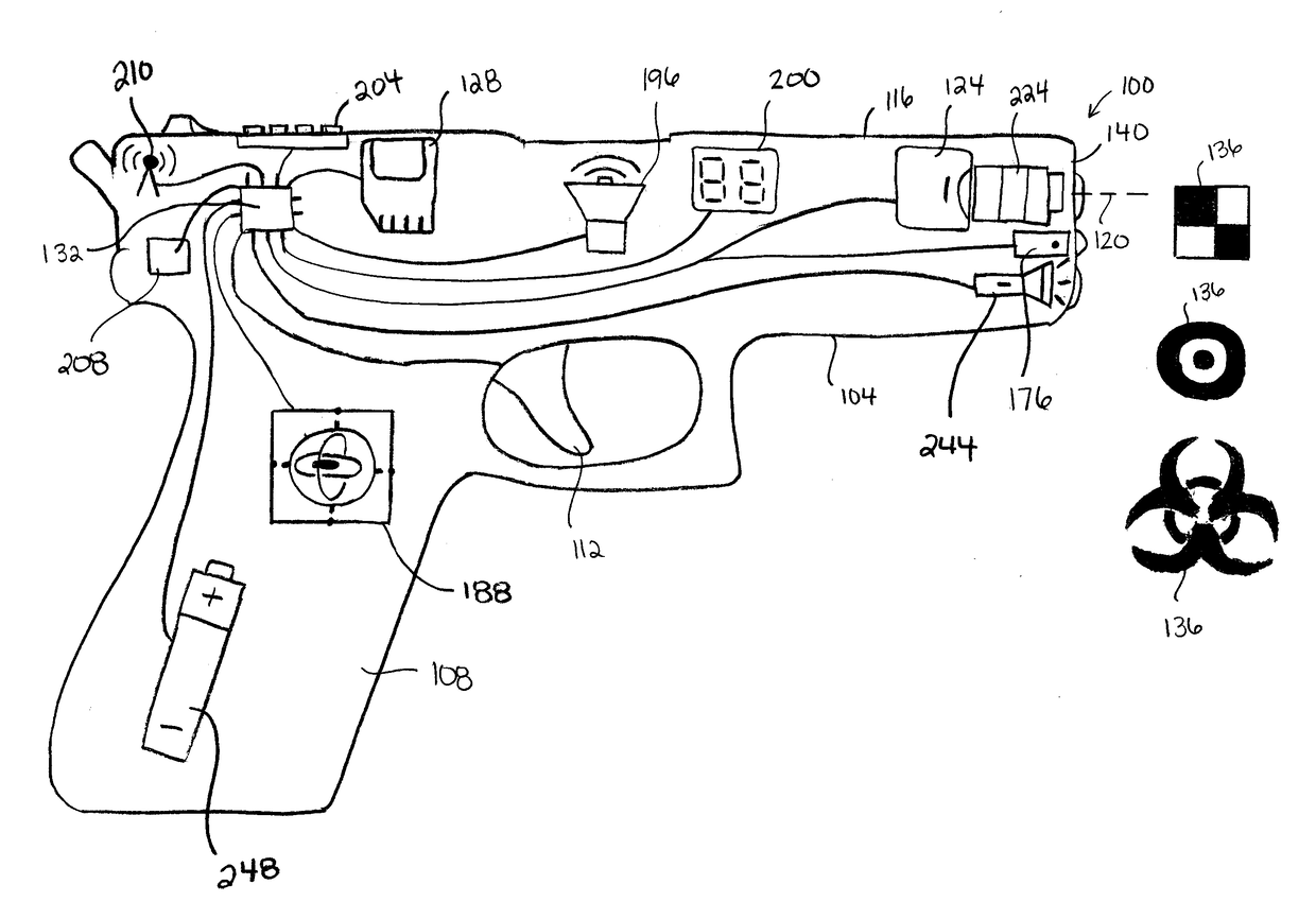 Simulated firearm with target accuracy detection, and related methods and systems