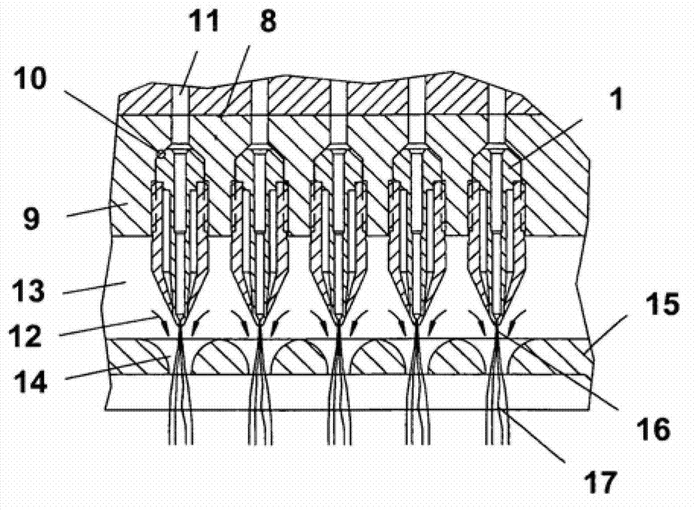 Spinneret for spinning threads, spinning device for spinning threads and method for spinning threads