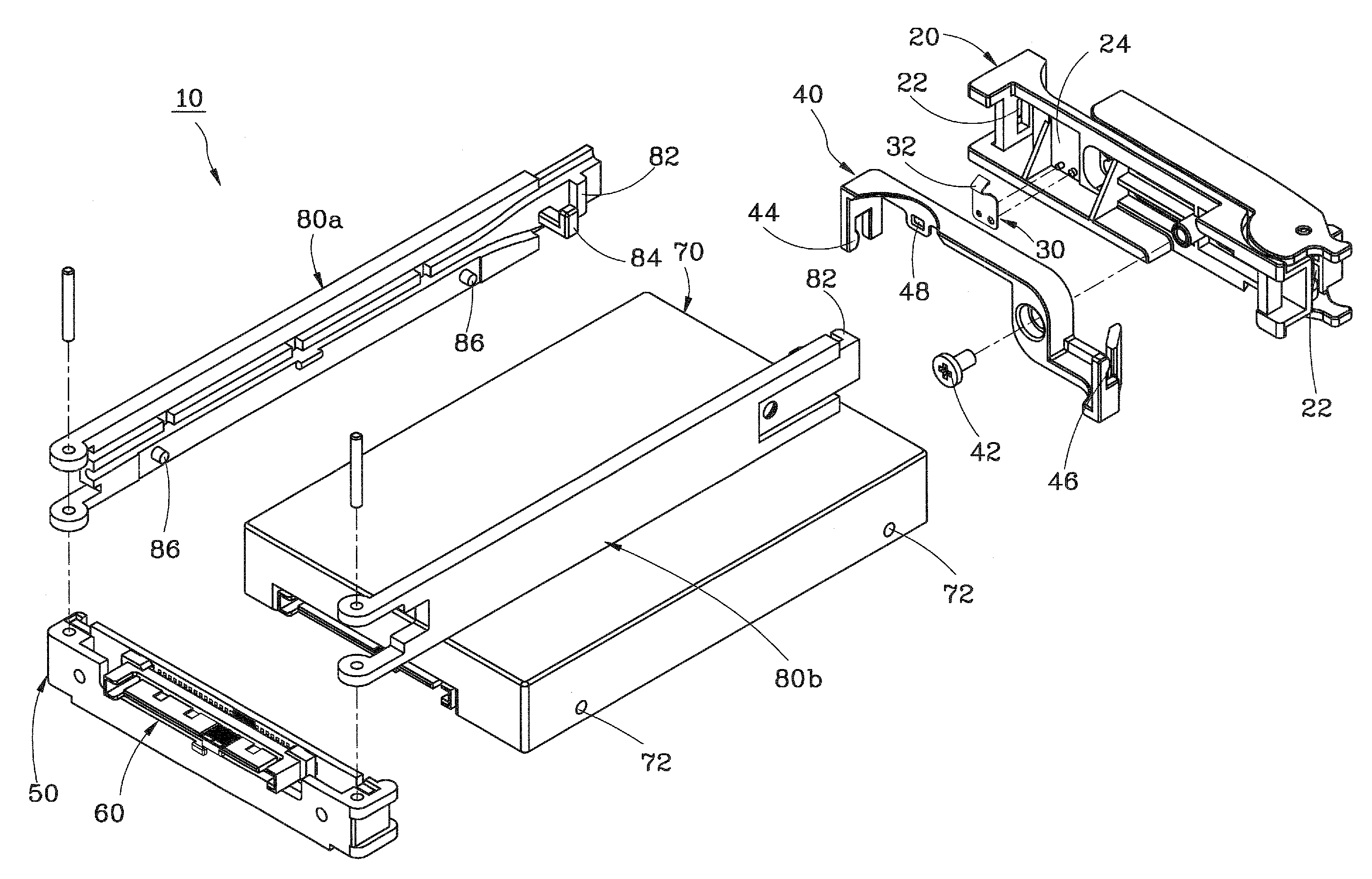 Removable disk drive mounting device including a first holder pivotally connected to second holders which in turn are detachably connected to a handle