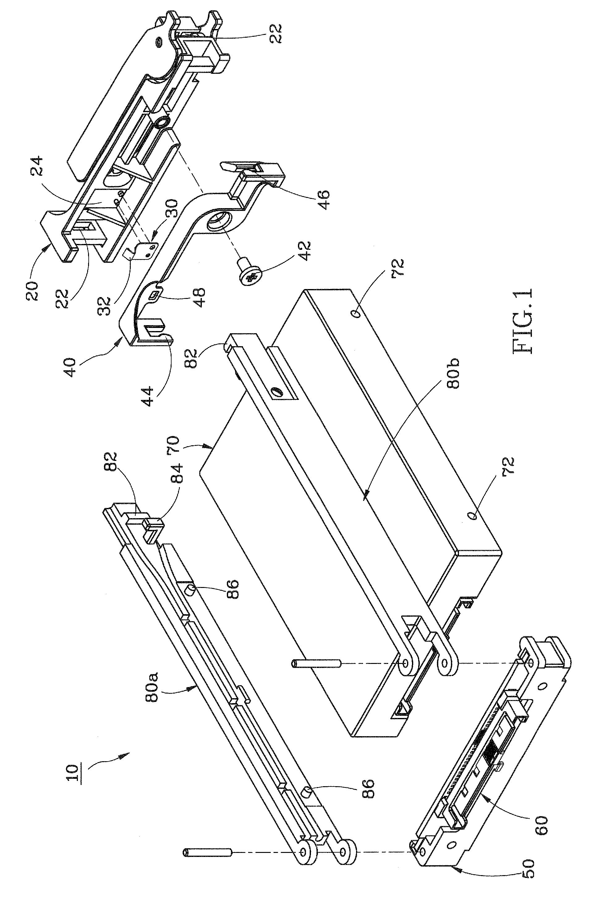 Removable disk drive mounting device including a first holder pivotally connected to second holders which in turn are detachably connected to a handle