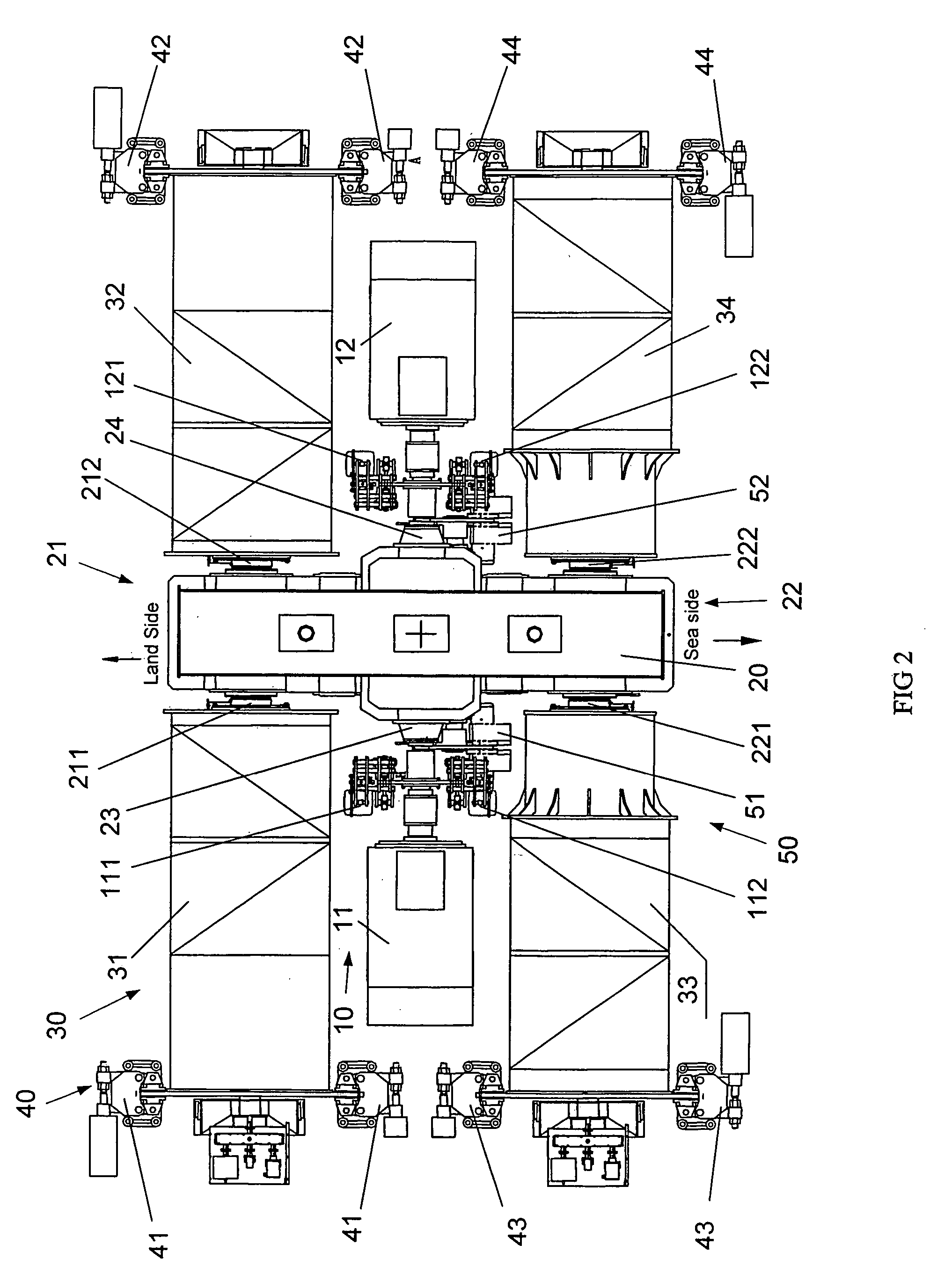 Lifting machinery of four reel differential type for two 40 feet container shore crane