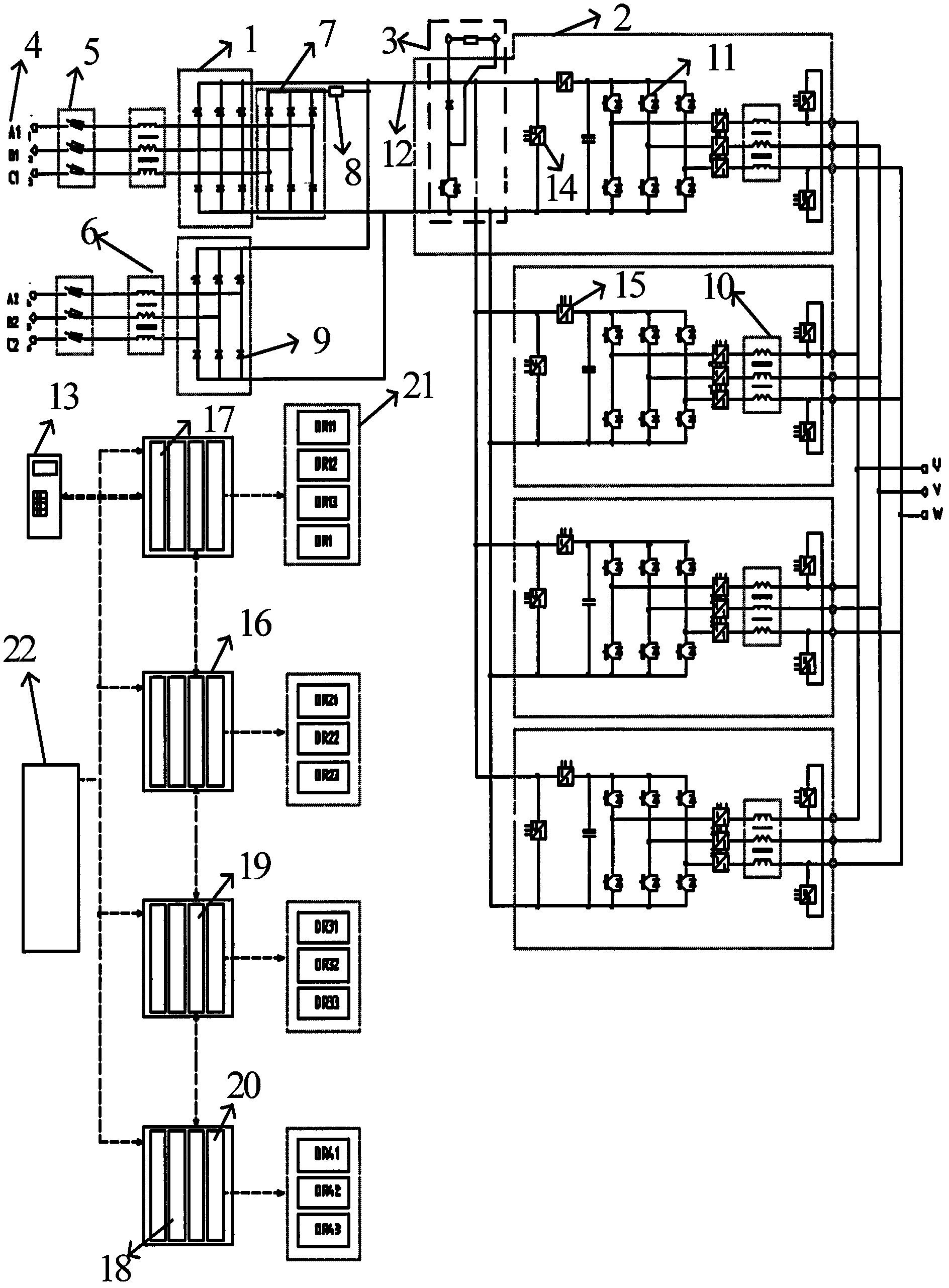 Multi-inverter module paralleling frequency conversion device for transmission system and control policy