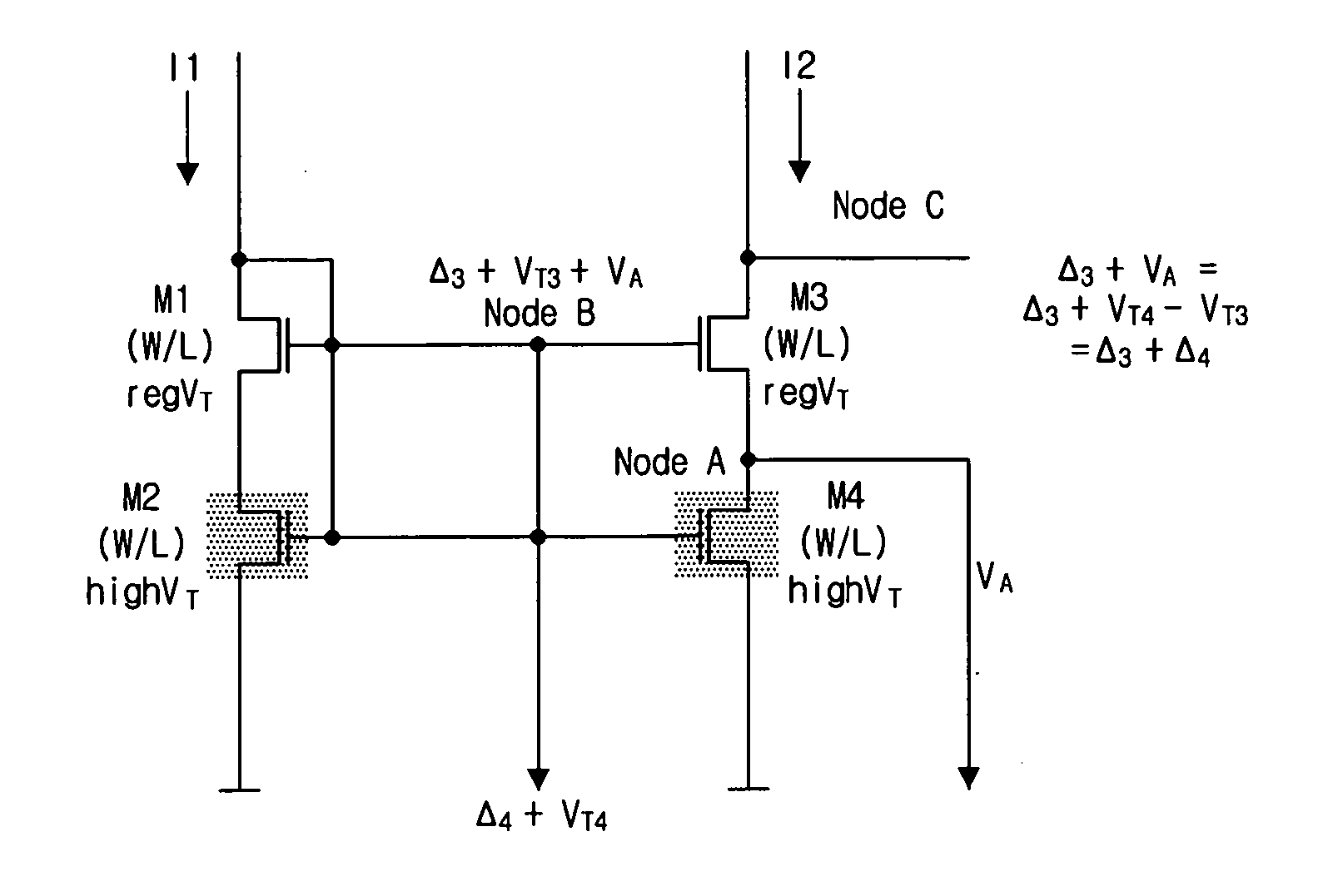 Stacked CMOS current mirror using MOSFETs having different threshold voltages