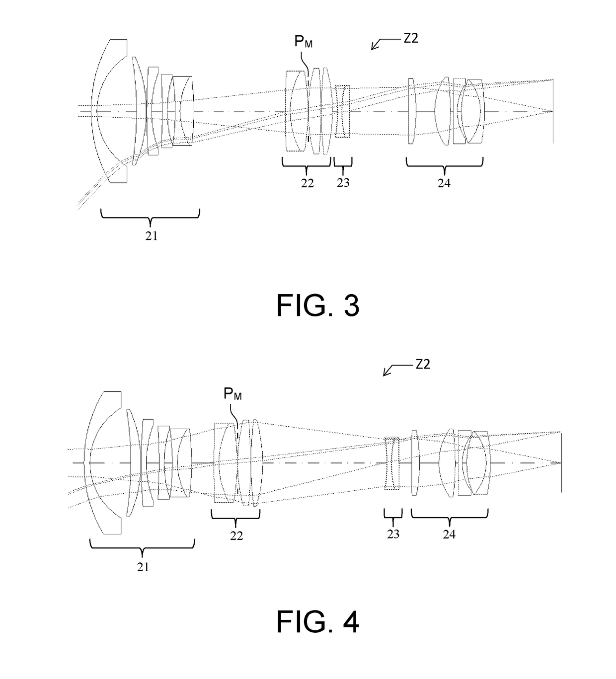 Optical zoom with movable pupil