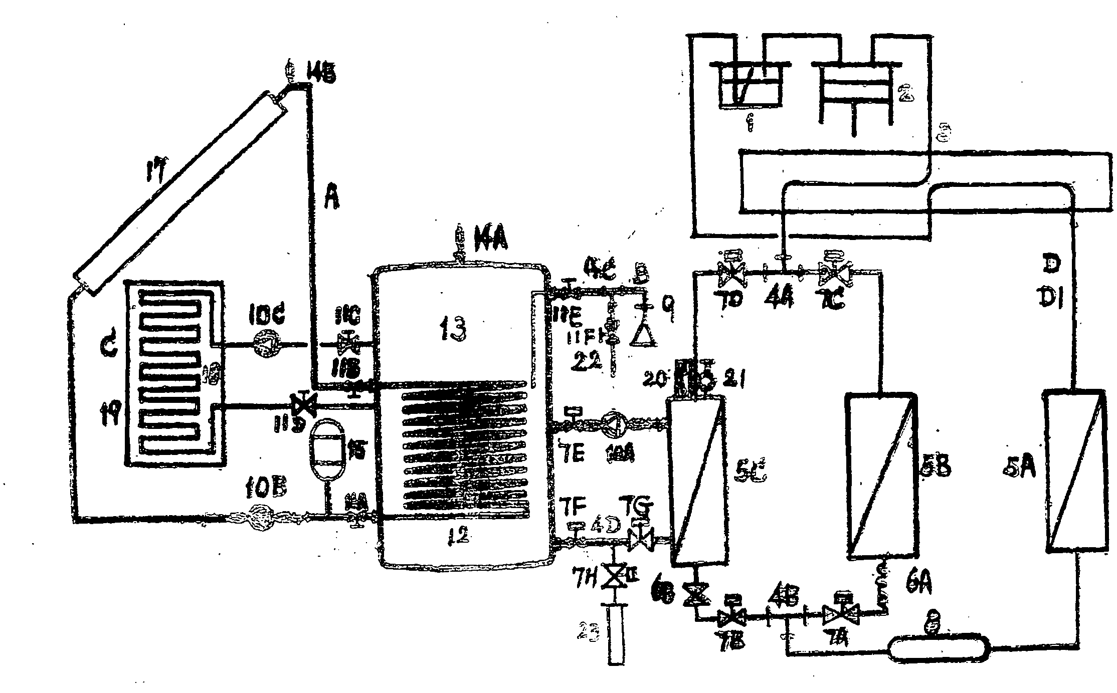 Shower, heating and air conditioning complex system device for producing hot water by using solar energy, air source and low power