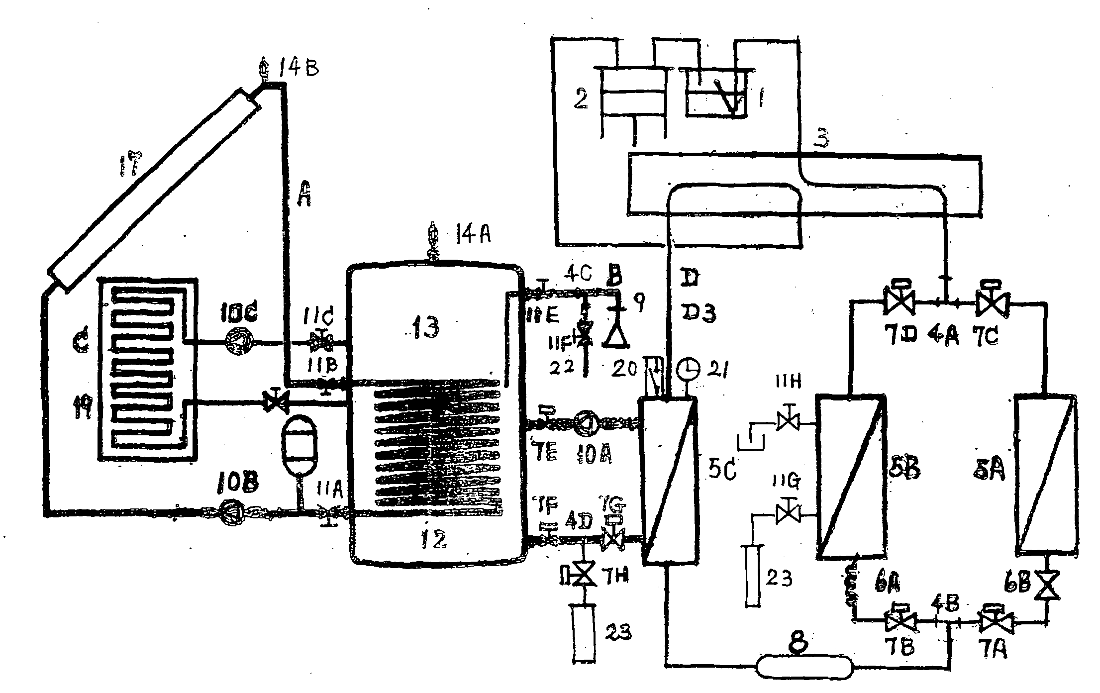 Shower, heating and air conditioning complex system device for producing hot water by using solar energy, air source and low power