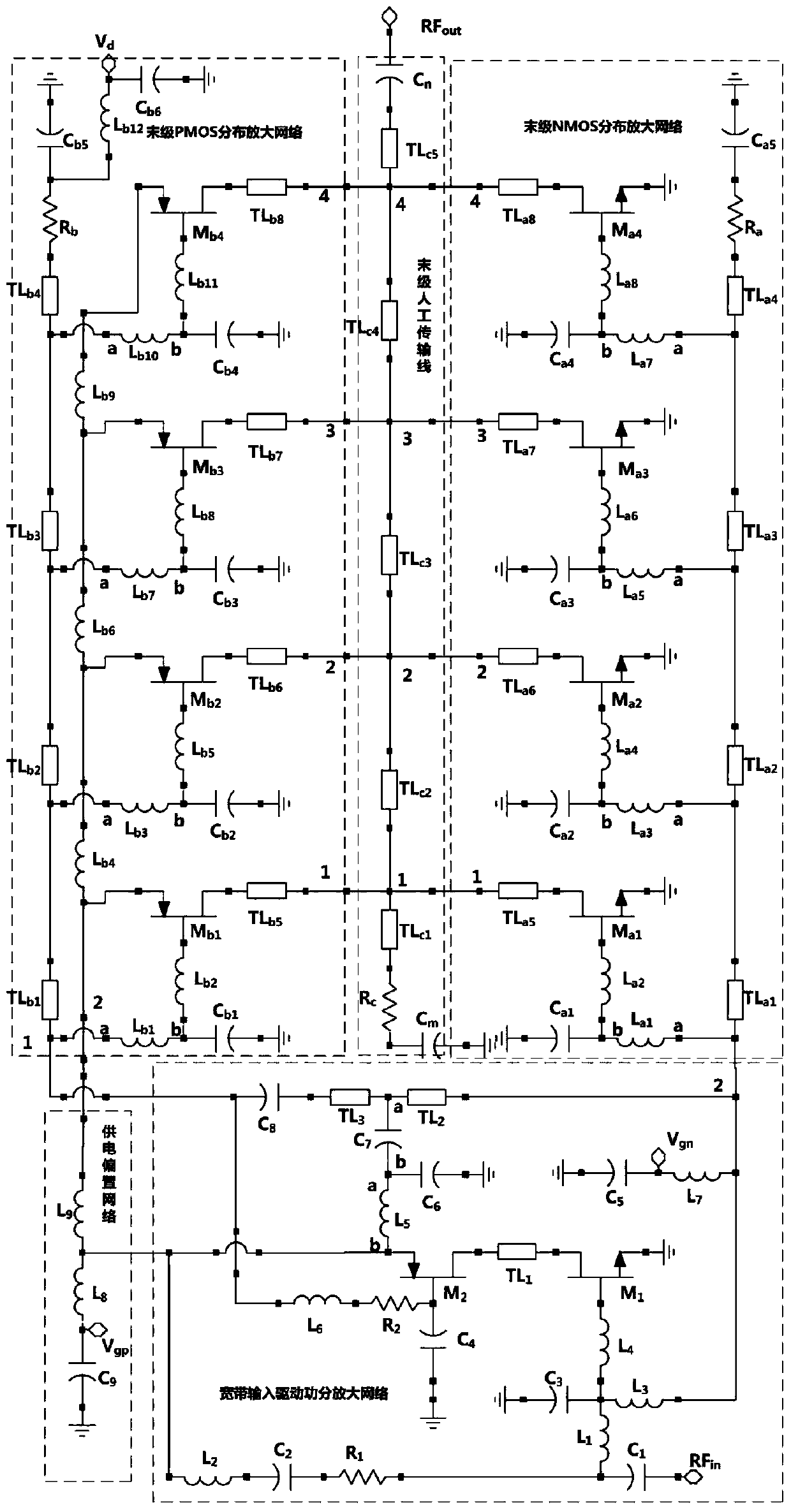 Two-dimensional synthesis distribution type high-power linear broadband power amplifier
