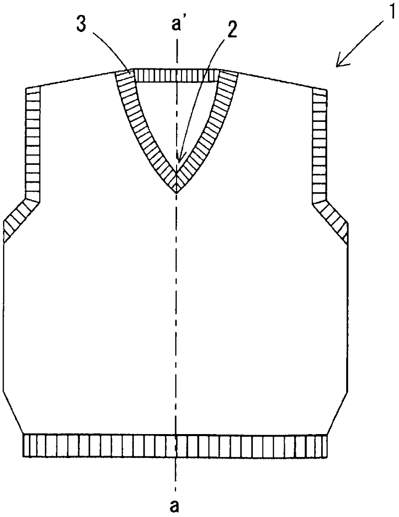 Knitting method and knitted fabric of knitted fabric having a V-shaped neck point corner