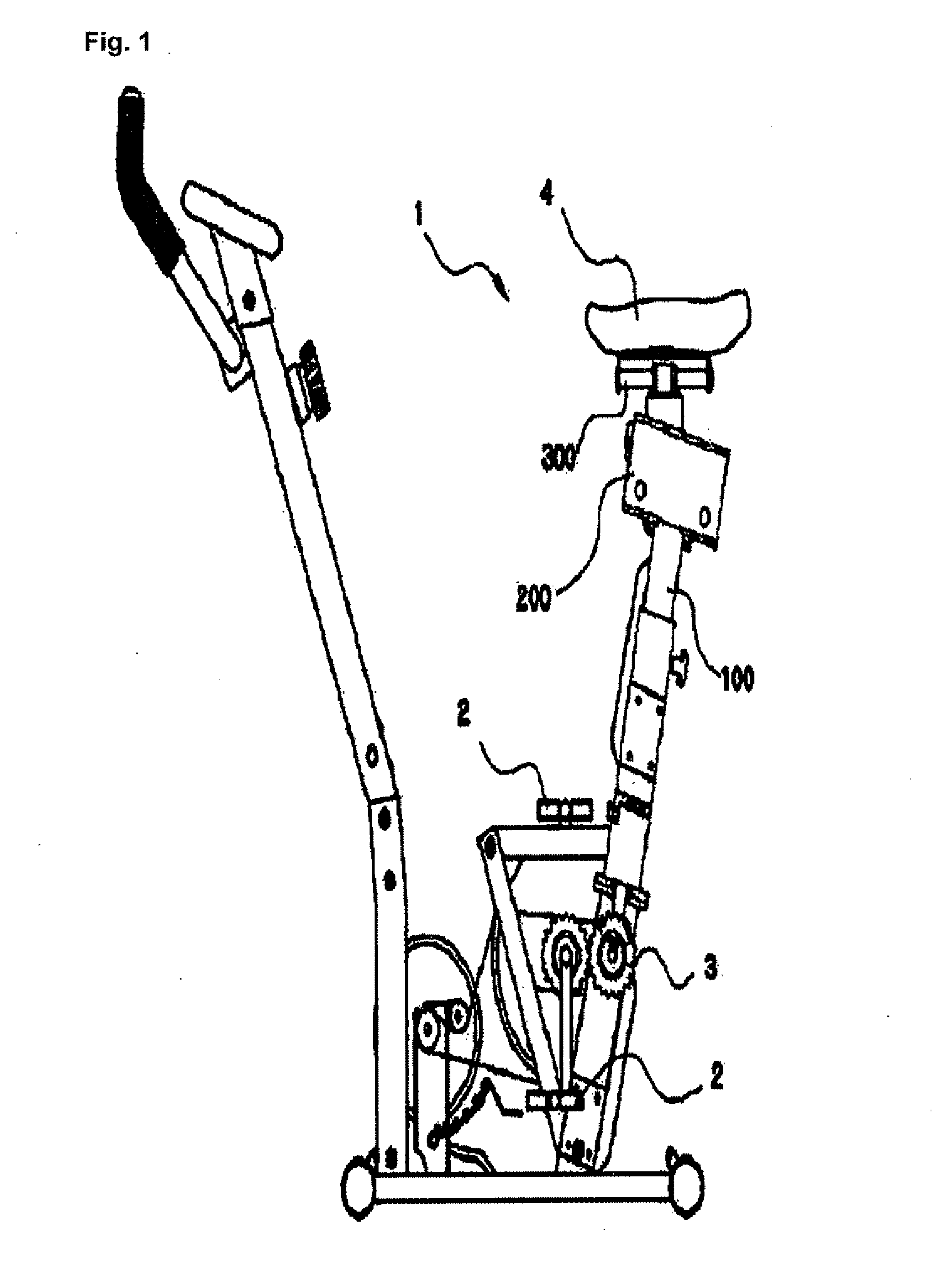Bike saddle structure in which the oscillation angle and height of a bike saddle are adjustable, and exercise bicycle comprising same