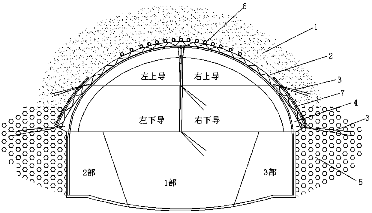 Tunnel excavation support structure for stratum with soft upper part and hard lower part and tunnel excavation construction method
