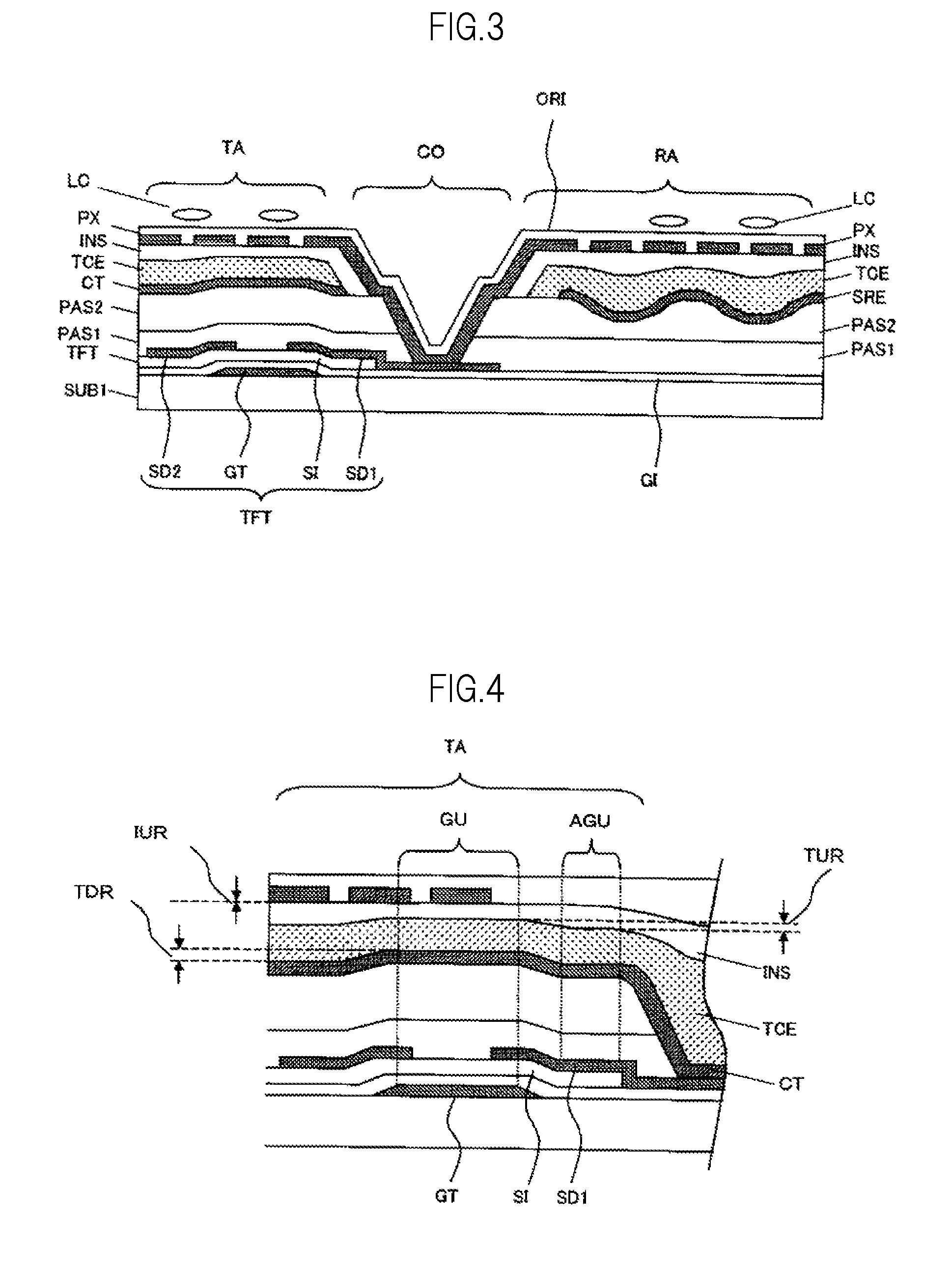 Liquid crystal display device which reduces unevenness in an upper surface of at least an electrode