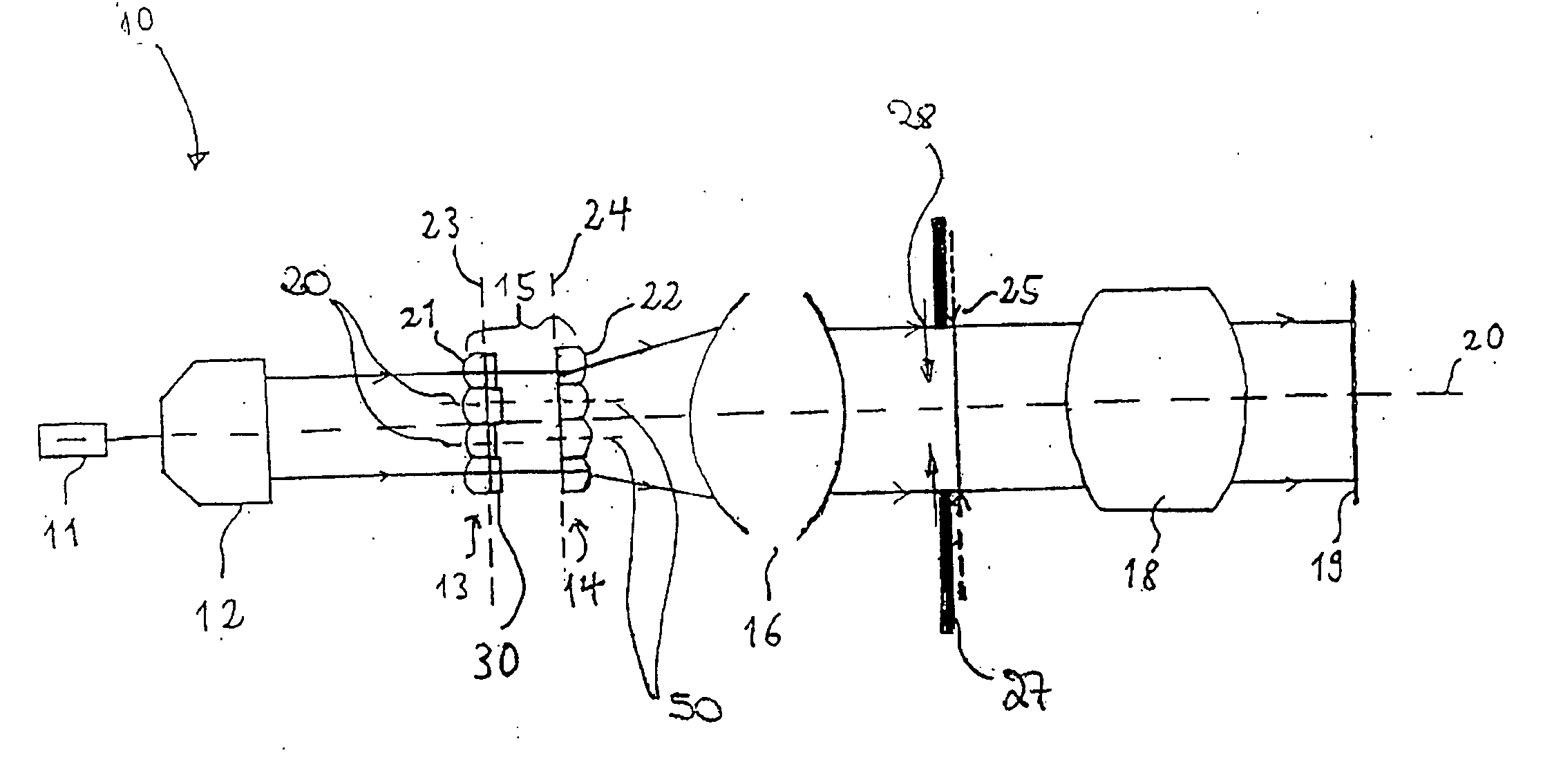 Optical device with raster elements, and illumination system with the optical device