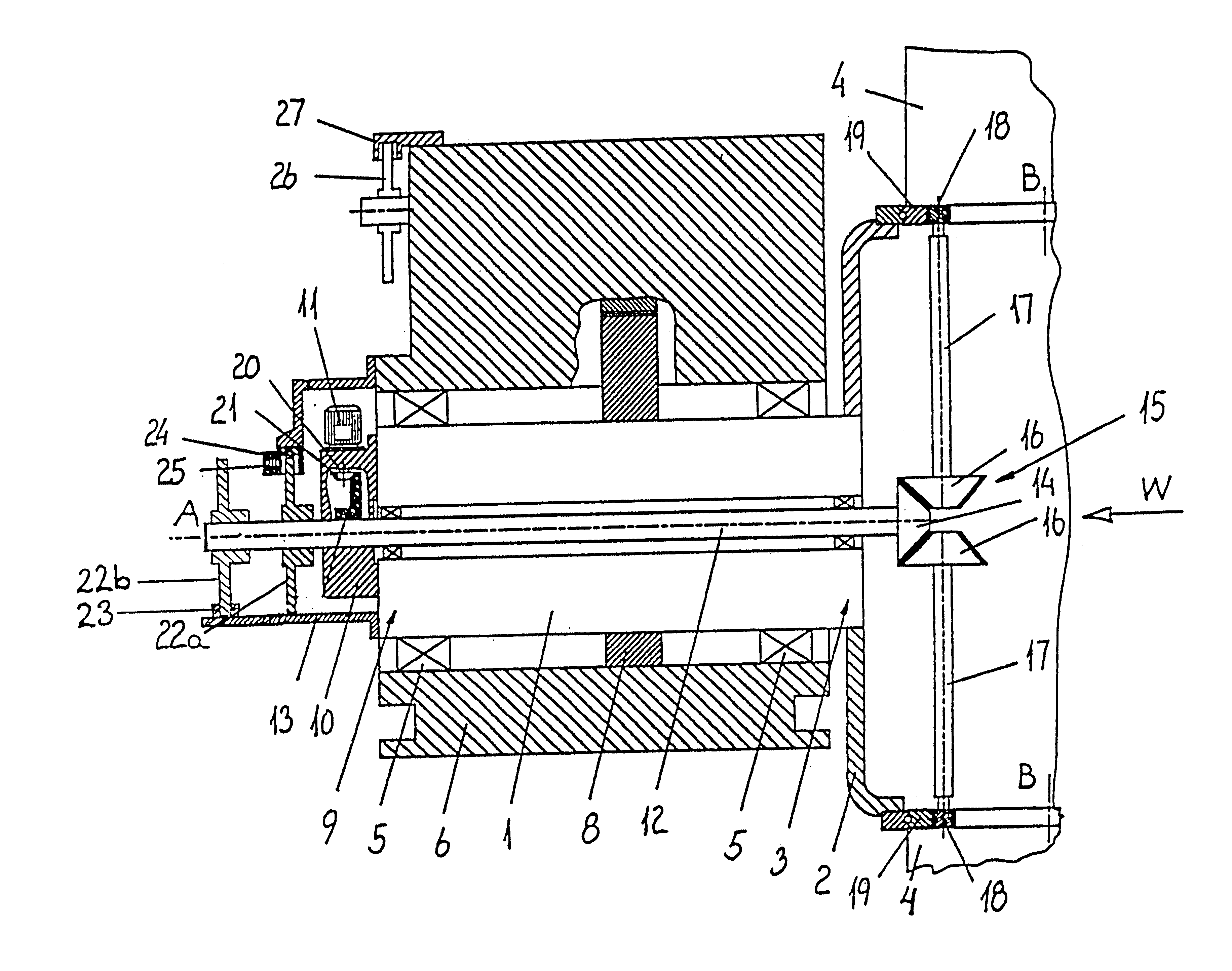 Method and a device for adjusting the pitch and stopping the rotation of the blades of a wind turbine