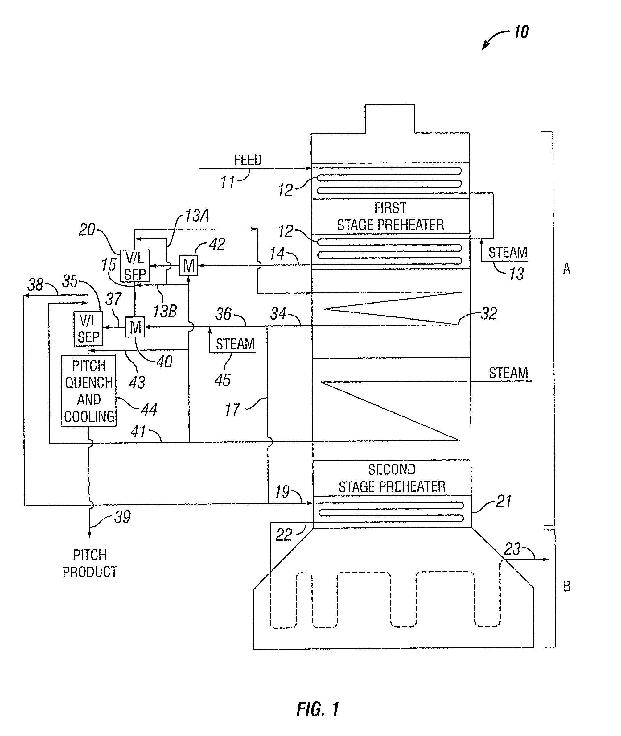 Process for producing lower olefins from heavy hydrocarbon feedstock utilizing two vapor/liquid separators