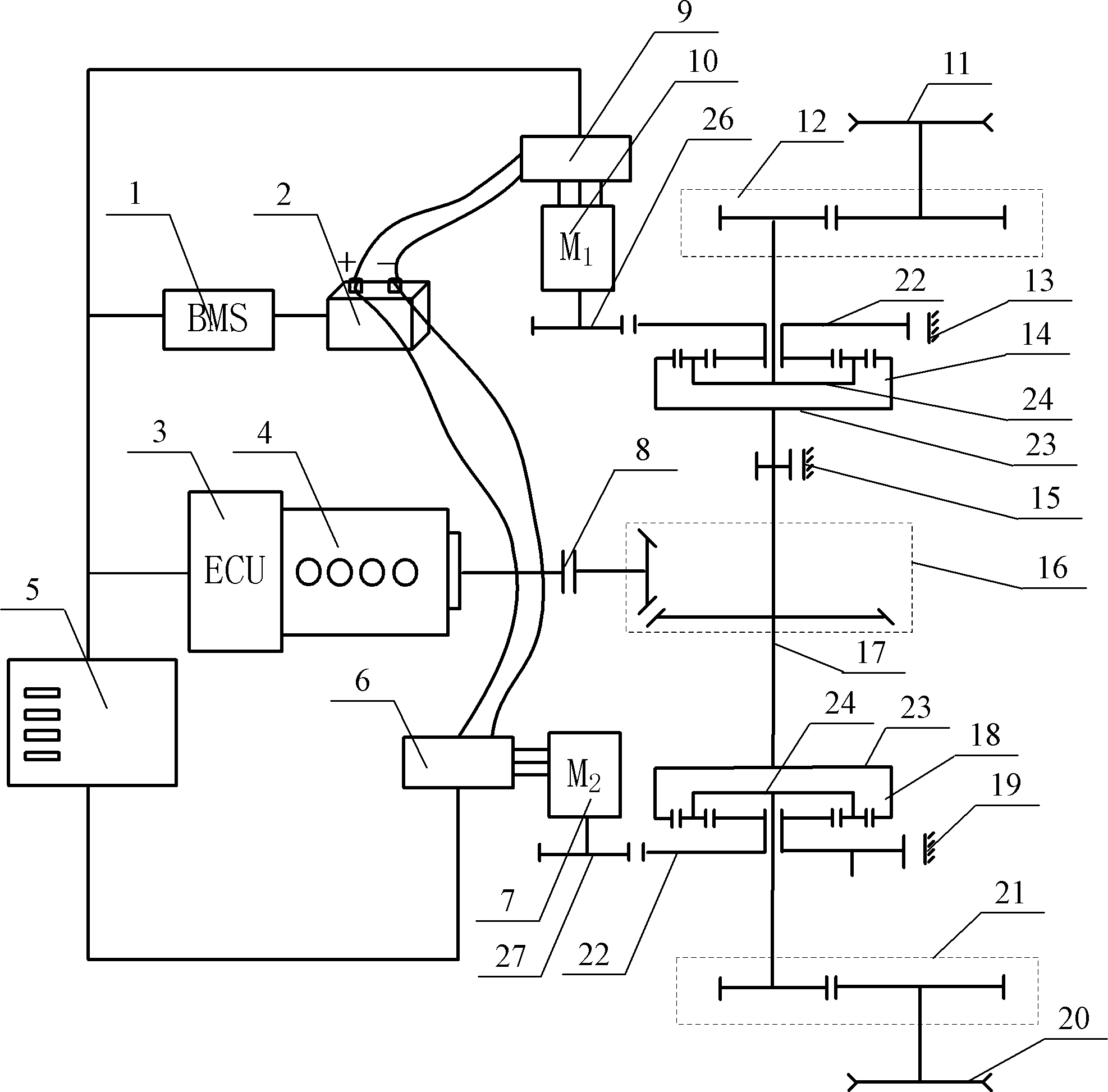 Planet coupled hybrid system for caterpillar and control method for same