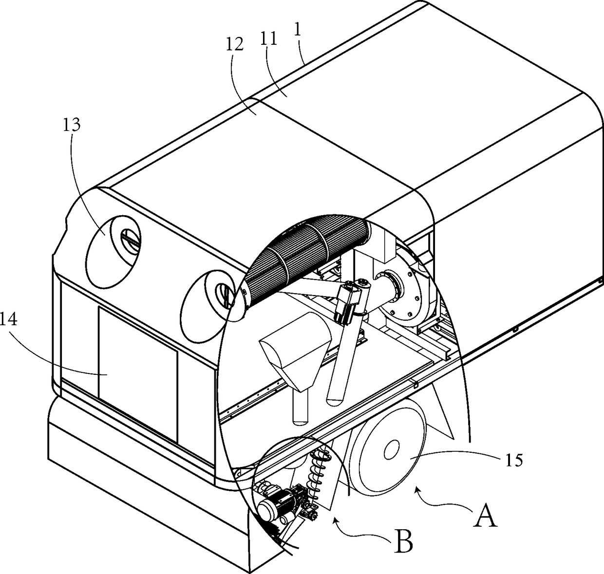Road cleaning and dust removing vehicle provided with screw conveying mechanism