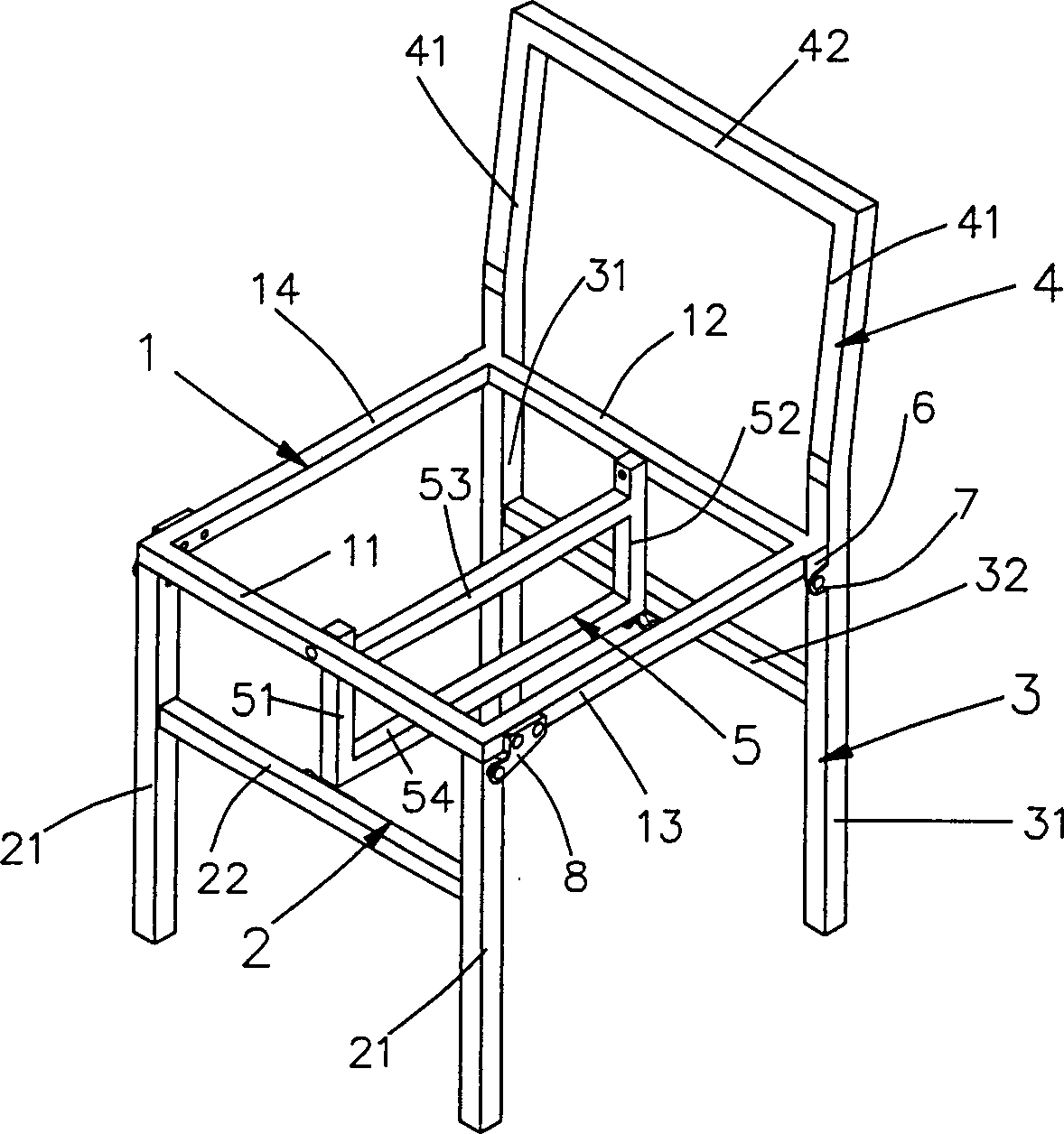 Folding chair frame and its folding method