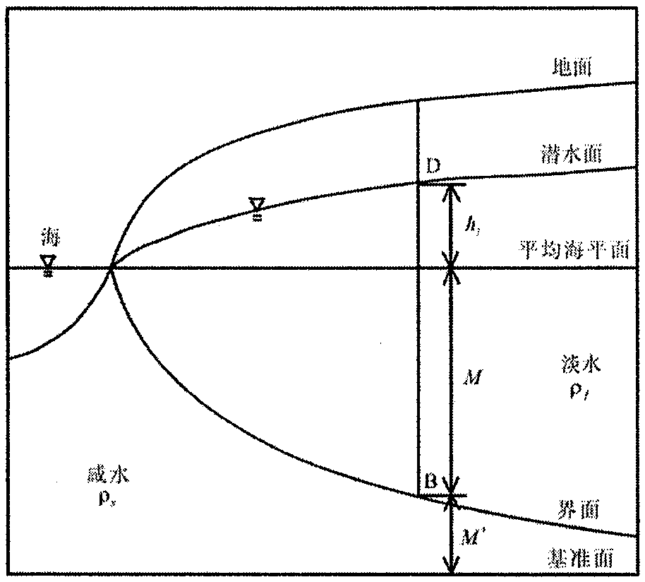 Method for determining position of salt-fresh water interface in coastal zone with fresh water zone satisfying Dupuit assumption