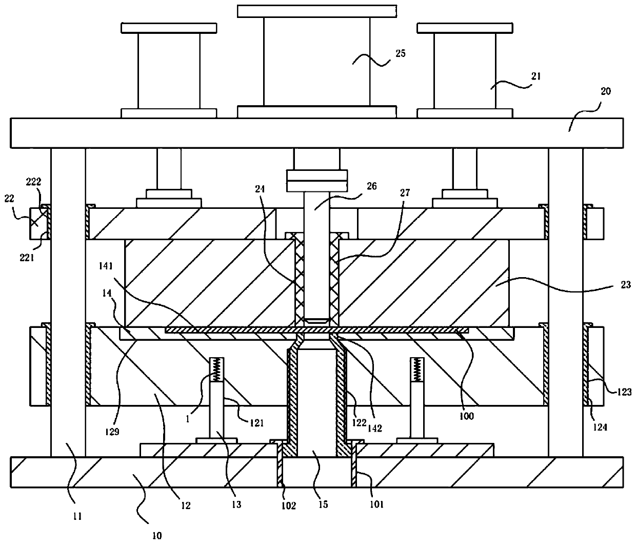 Punching die mechanism with waste-falling protection sleeve