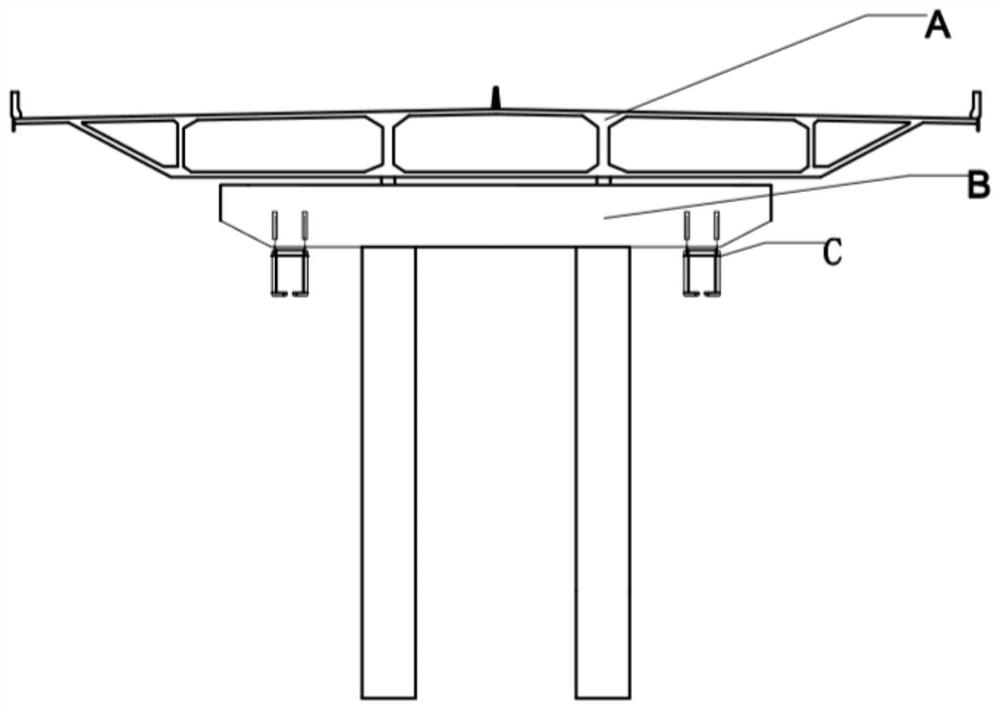 A connection structure between a suspended monorail and a road bridge cover beam