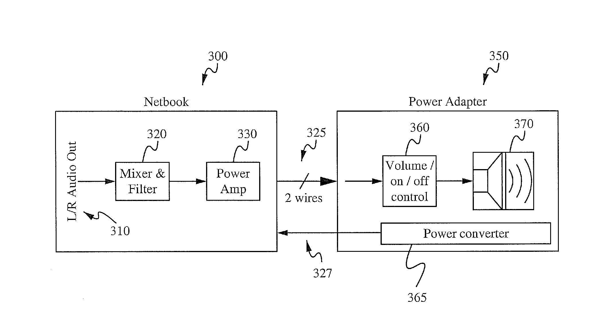 Notebook power supply with integrated subwoofer