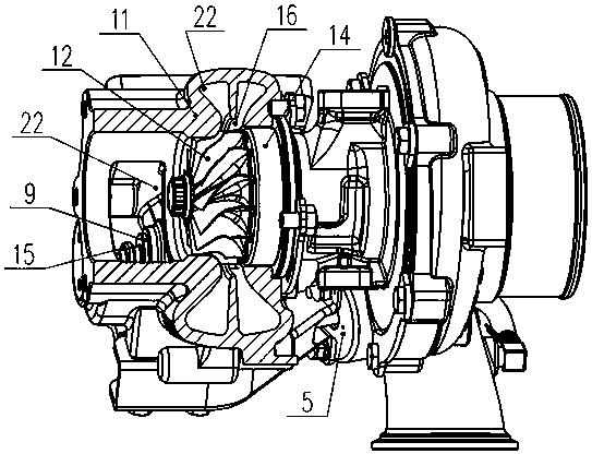 Integrated waste gas bypass turbo machine with airflow management device at turbine end