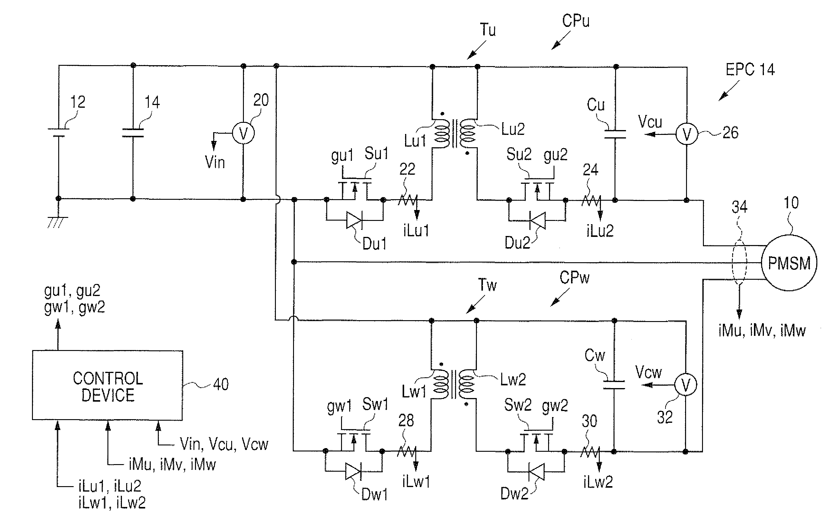 Electric power conversion circuit, and control device for multiphase electric rotary machine