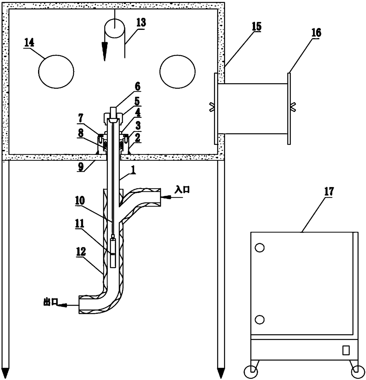 Corrosion test device for liquid lead or liquid lead-bismuth alloy and method