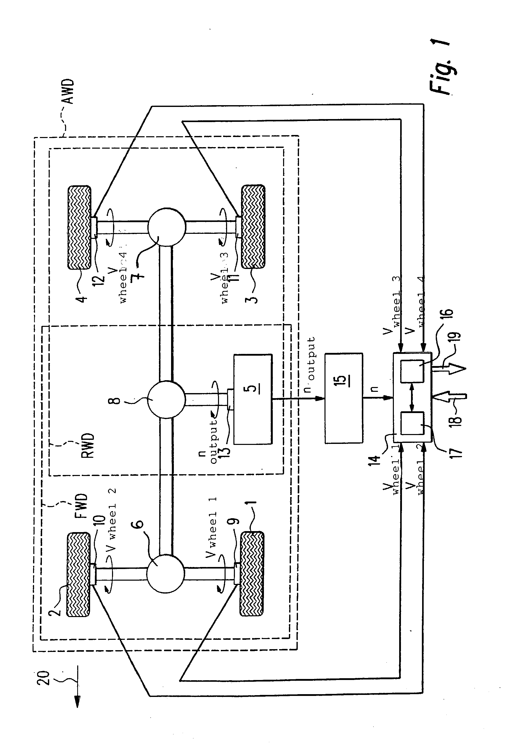 Method and device for determining a speed parameter of at least one powered wheel pertaining to a vehicle