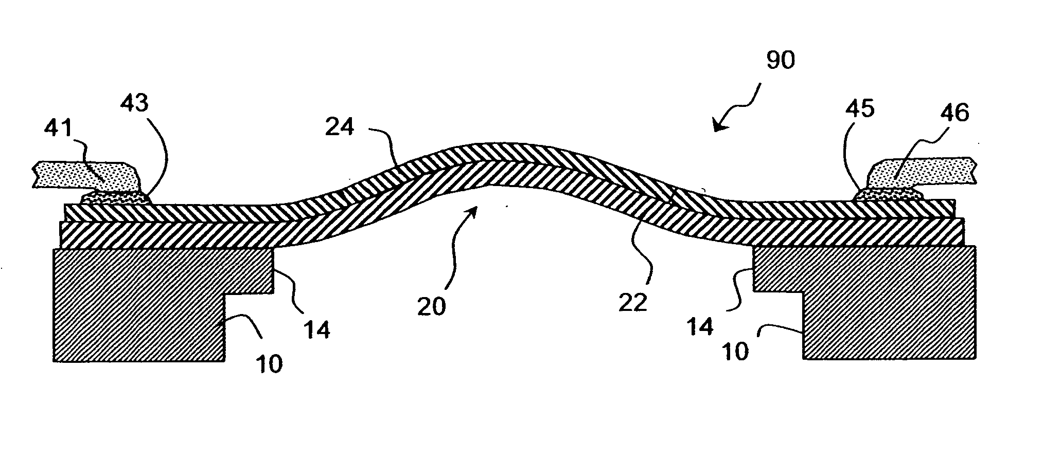 Doubly-anchored thermal actuator having varying flexural rigidity