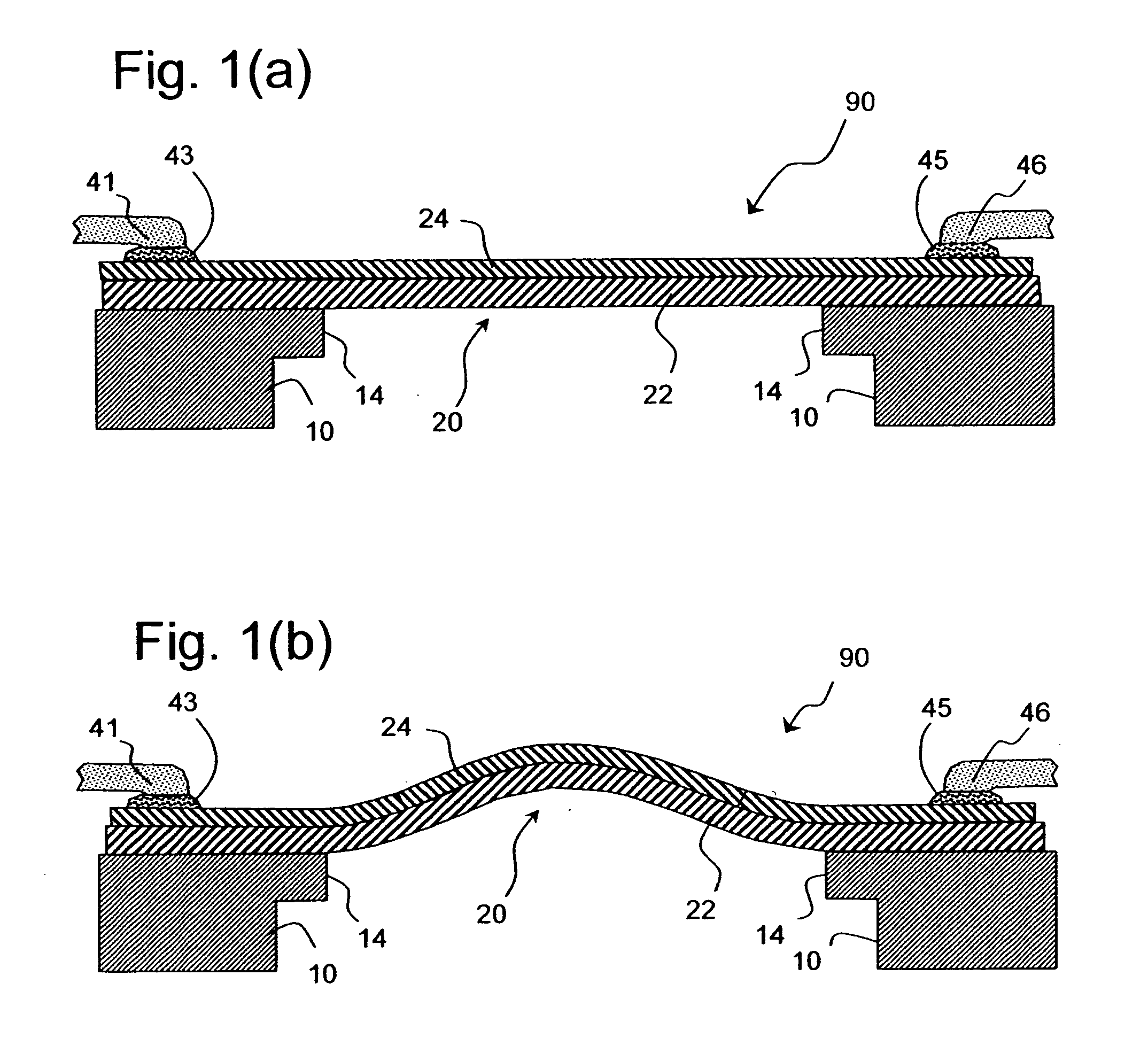 Doubly-anchored thermal actuator having varying flexural rigidity