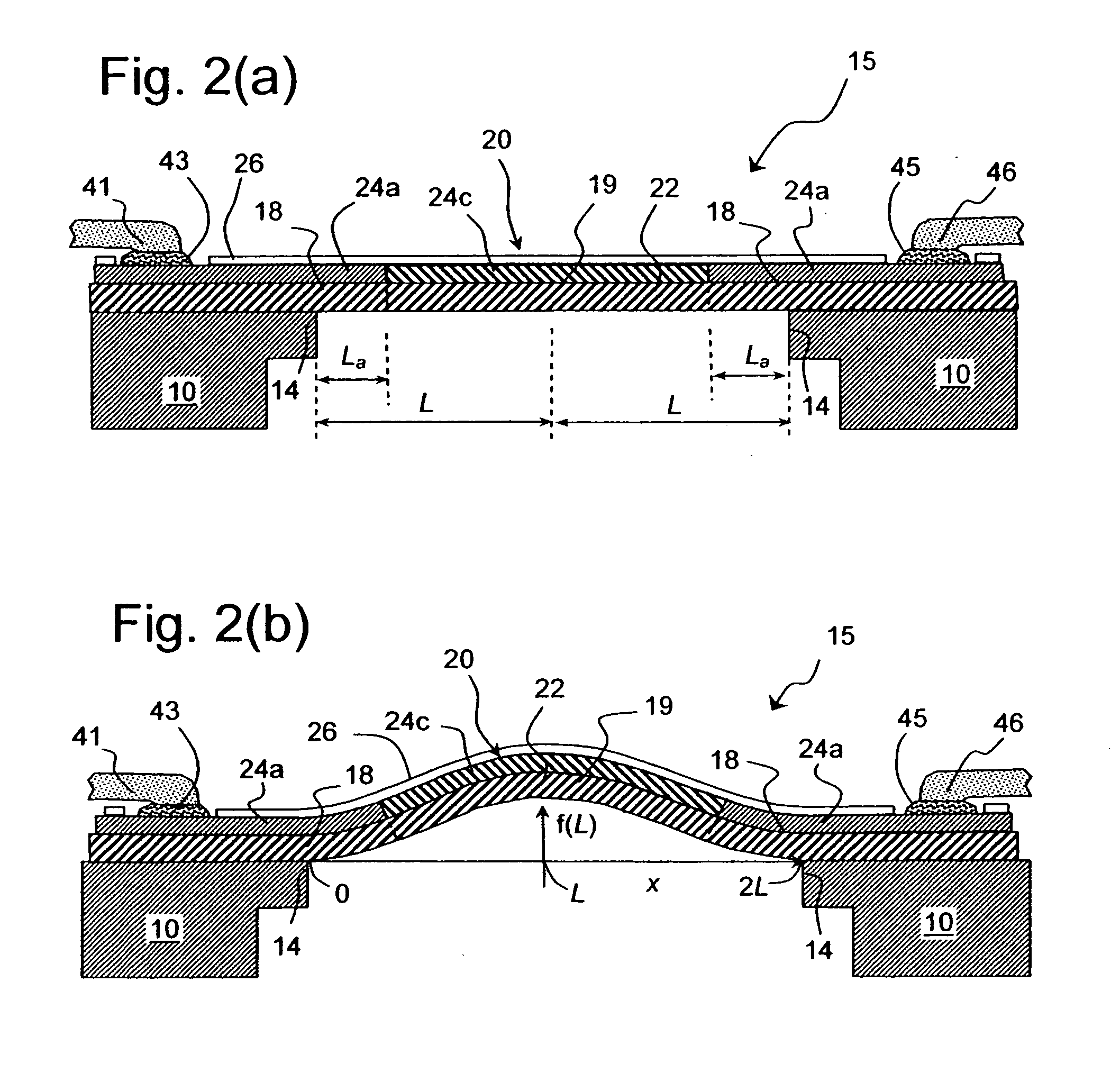 Doubly-anchored thermal actuator having varying flexural rigidity