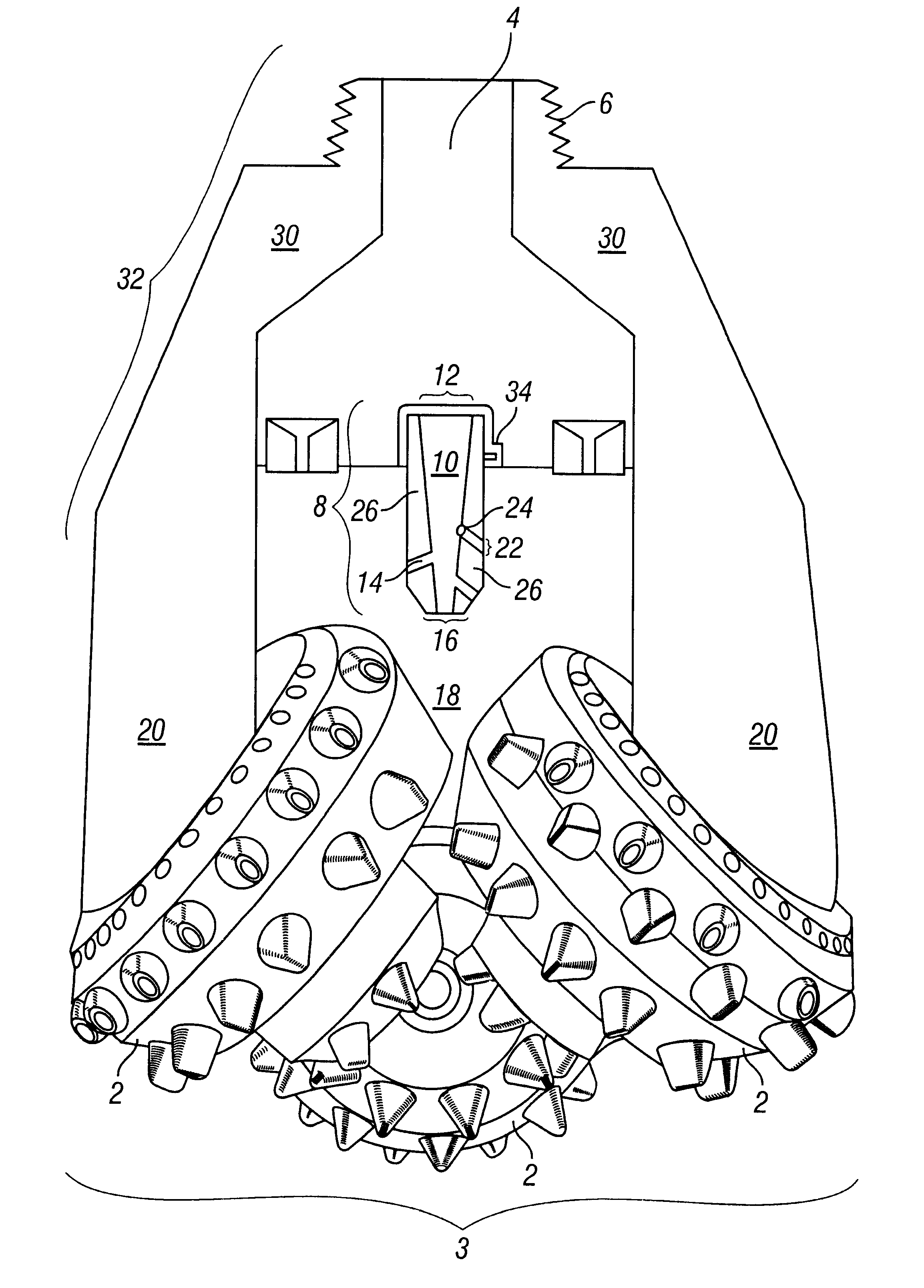 Three-cone rock bit with multi-ported non-plugging center jet nozzle and method
