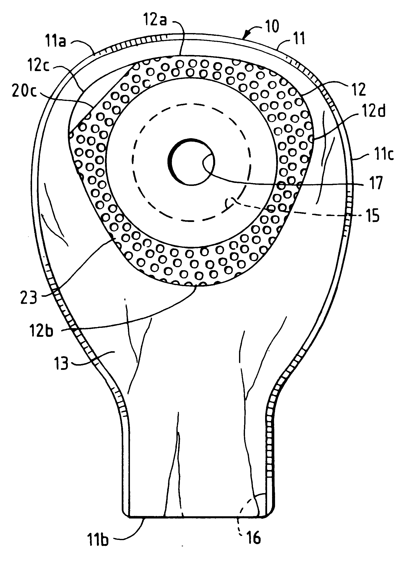 Ostomy appliance with inverted triangular faceplate and non-protruding pull tabs