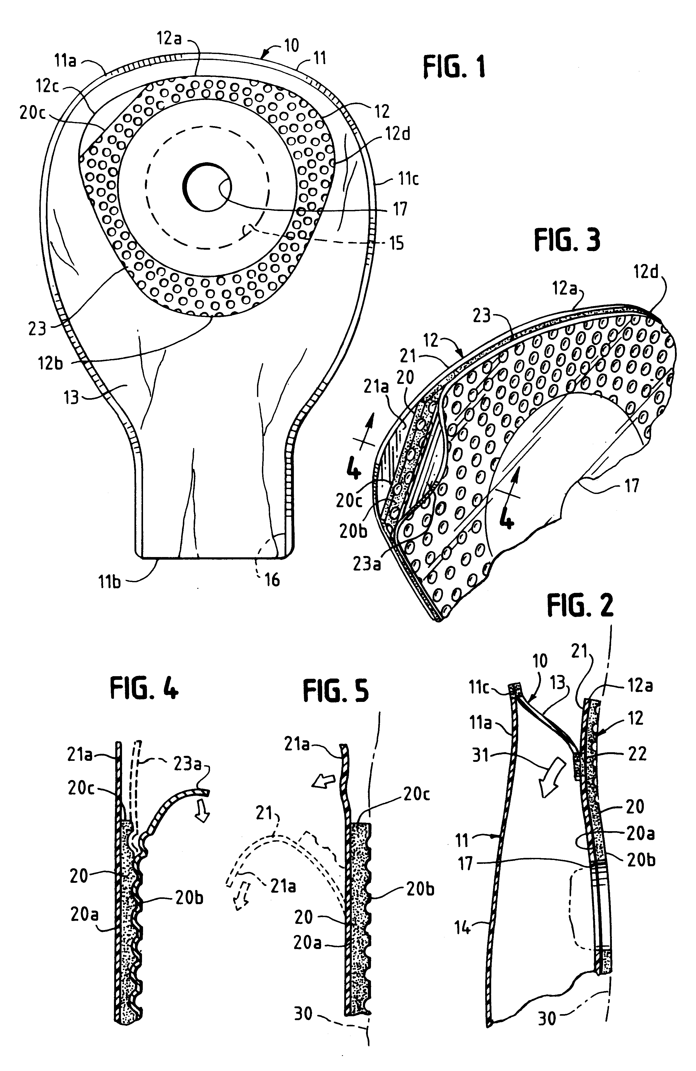 Ostomy appliance with inverted triangular faceplate and non-protruding pull tabs