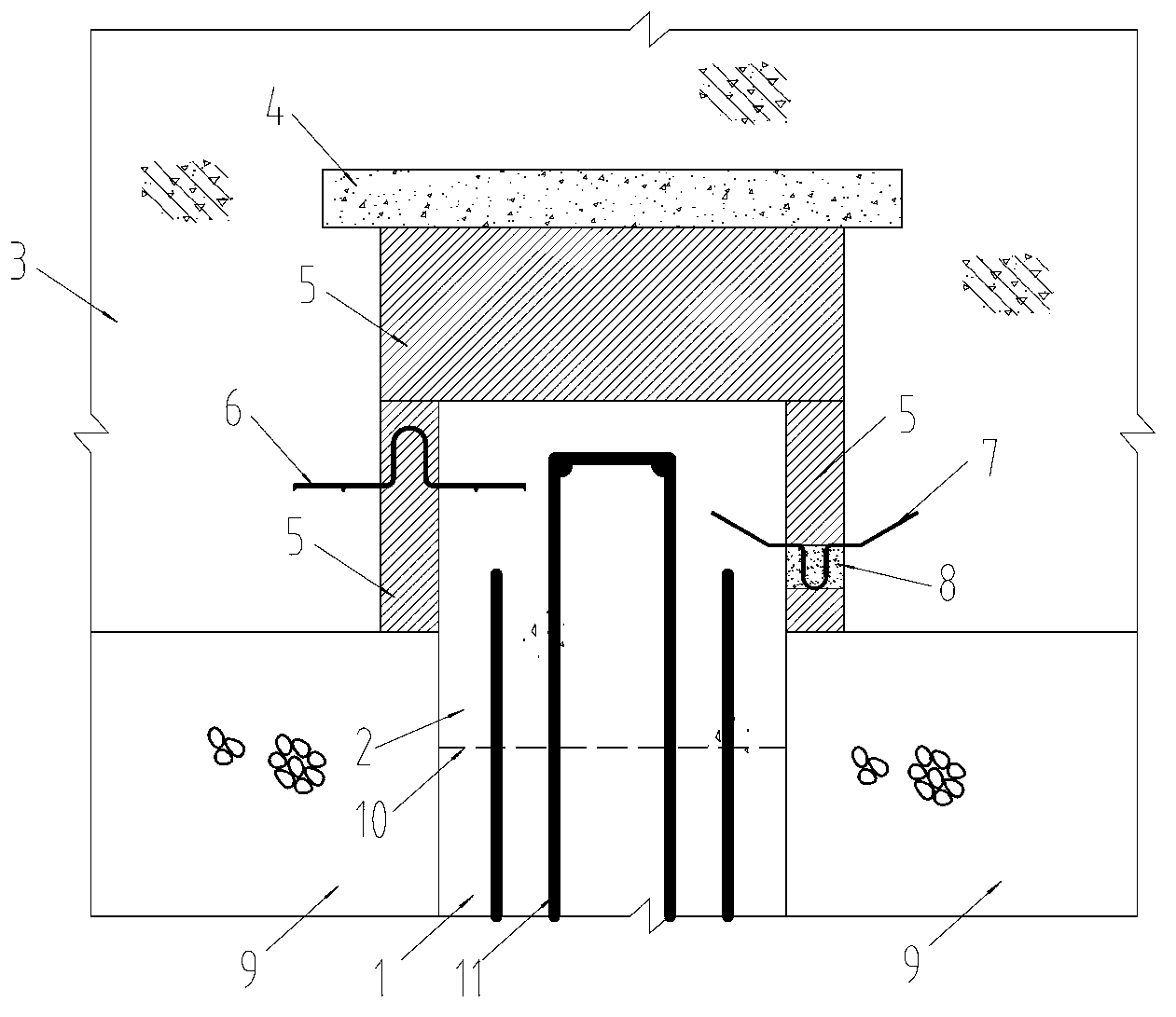 Large-deformation-adaptable water stop for use between sluice bottom and deep overburden layer foundation cutoff wall top, and construction method