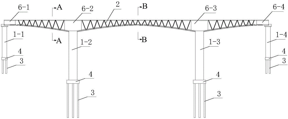 Continuous beam structure provided with V-shaped webs and construction method of continuous beam structure