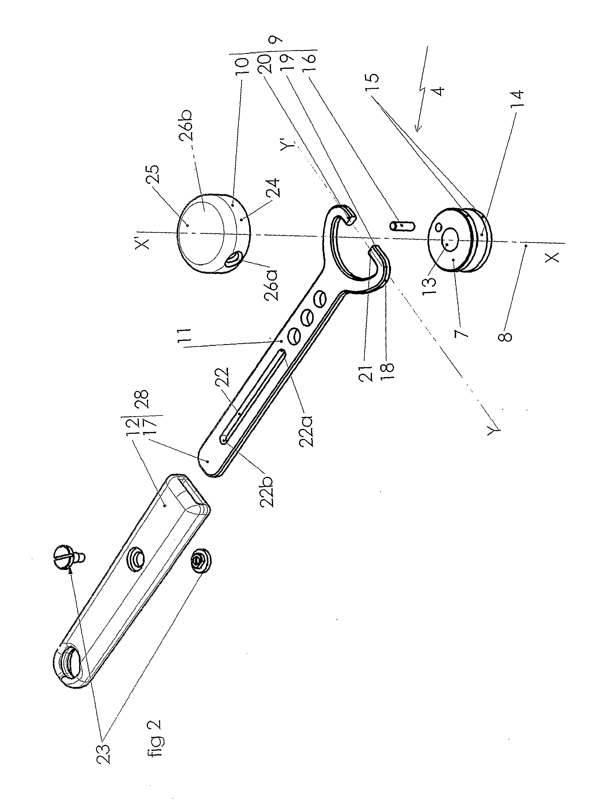Tightening device with swivelling handling arm and appliance including such a device