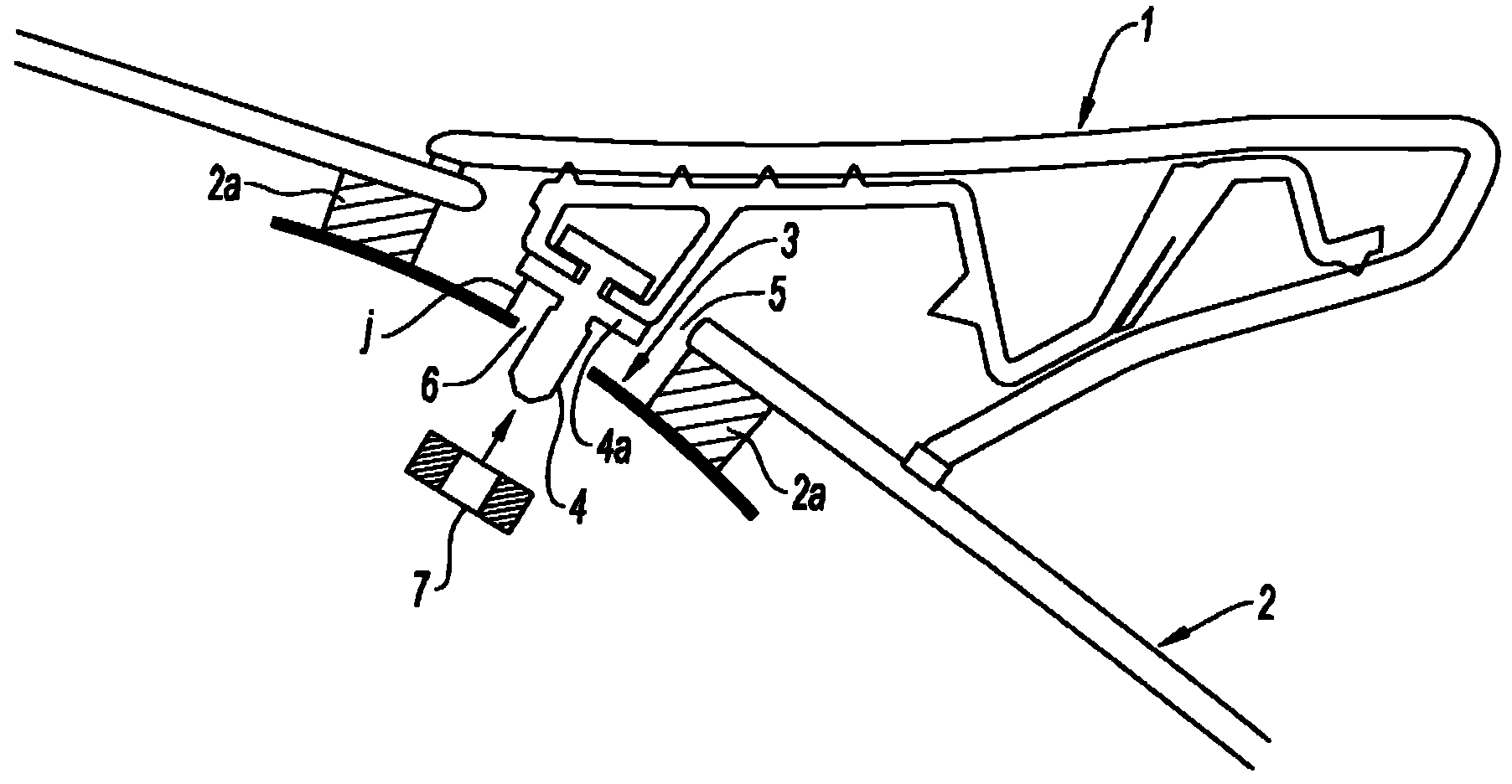 Device for attaching a first part to a second part which is attached to a third part and the assembly of three parts, in particular, of a motor vehicle