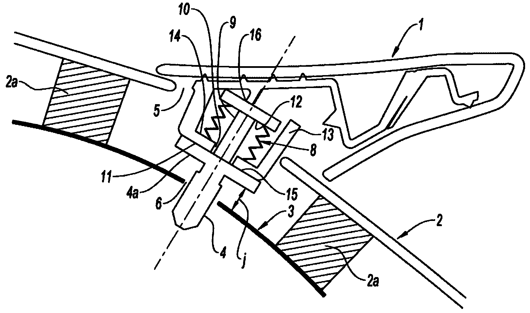Device for attaching a first part to a second part which is attached to a third part and the assembly of three parts, in particular, of a motor vehicle