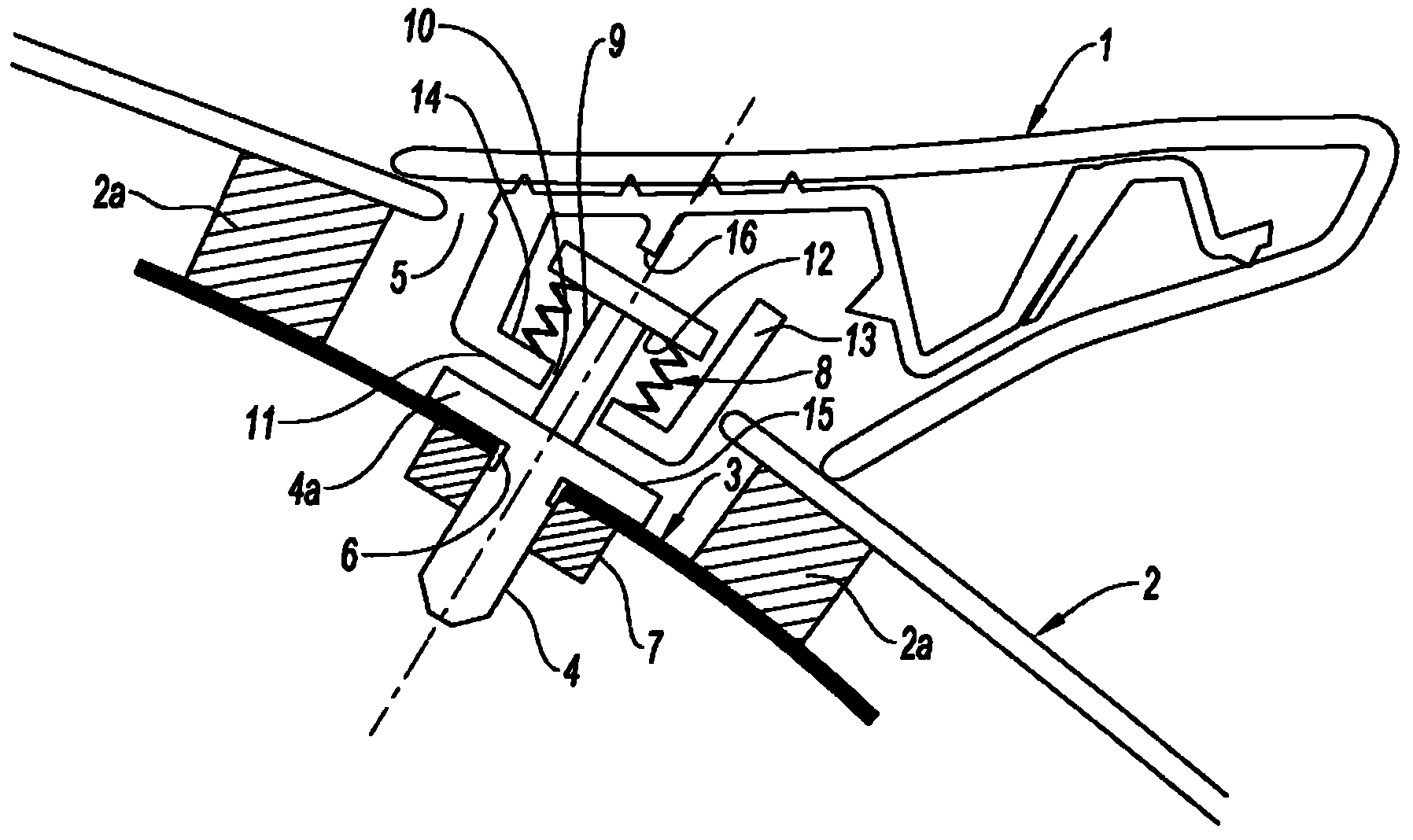 Device for attaching a first part to a second part which is attached to a third part and the assembly of three parts, in particular, of a motor vehicle