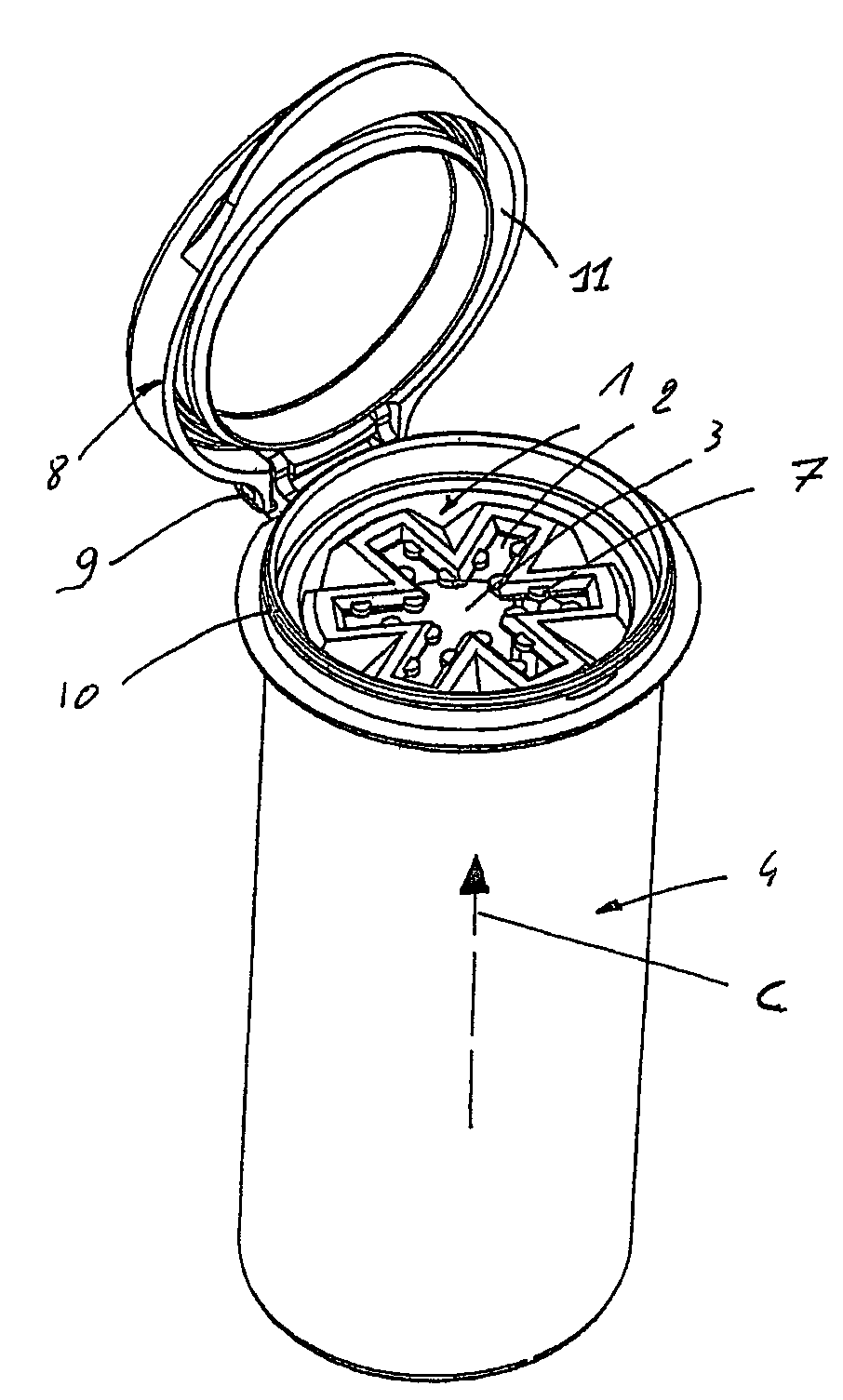 Device for dispensing oblong objects, comprising one main opening and at least one other elongated opening