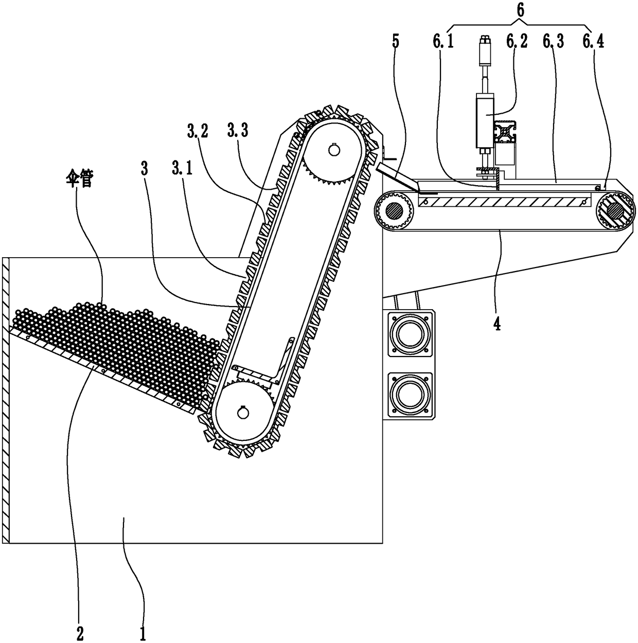 Umbrella tube feeding and orientation mechanism