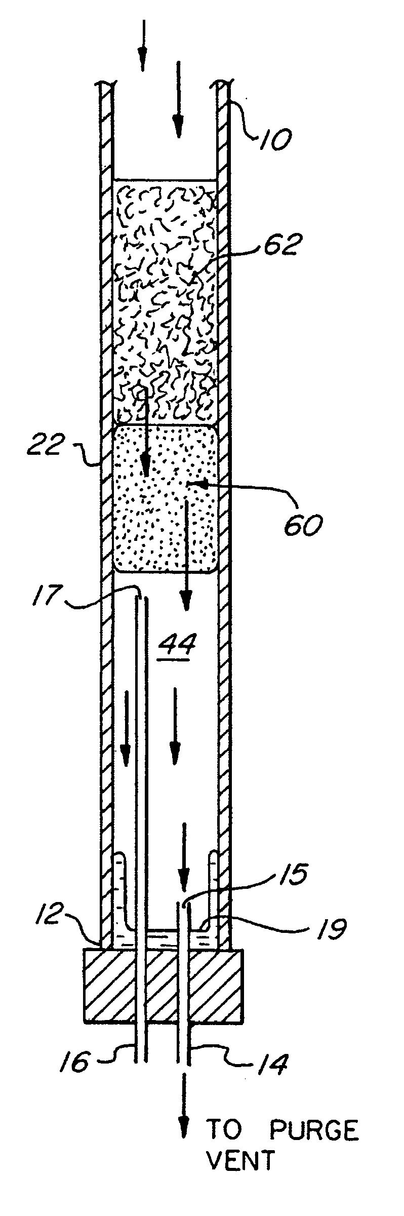 Adsorbent housing with separated adsorption outflow and desorption inflow