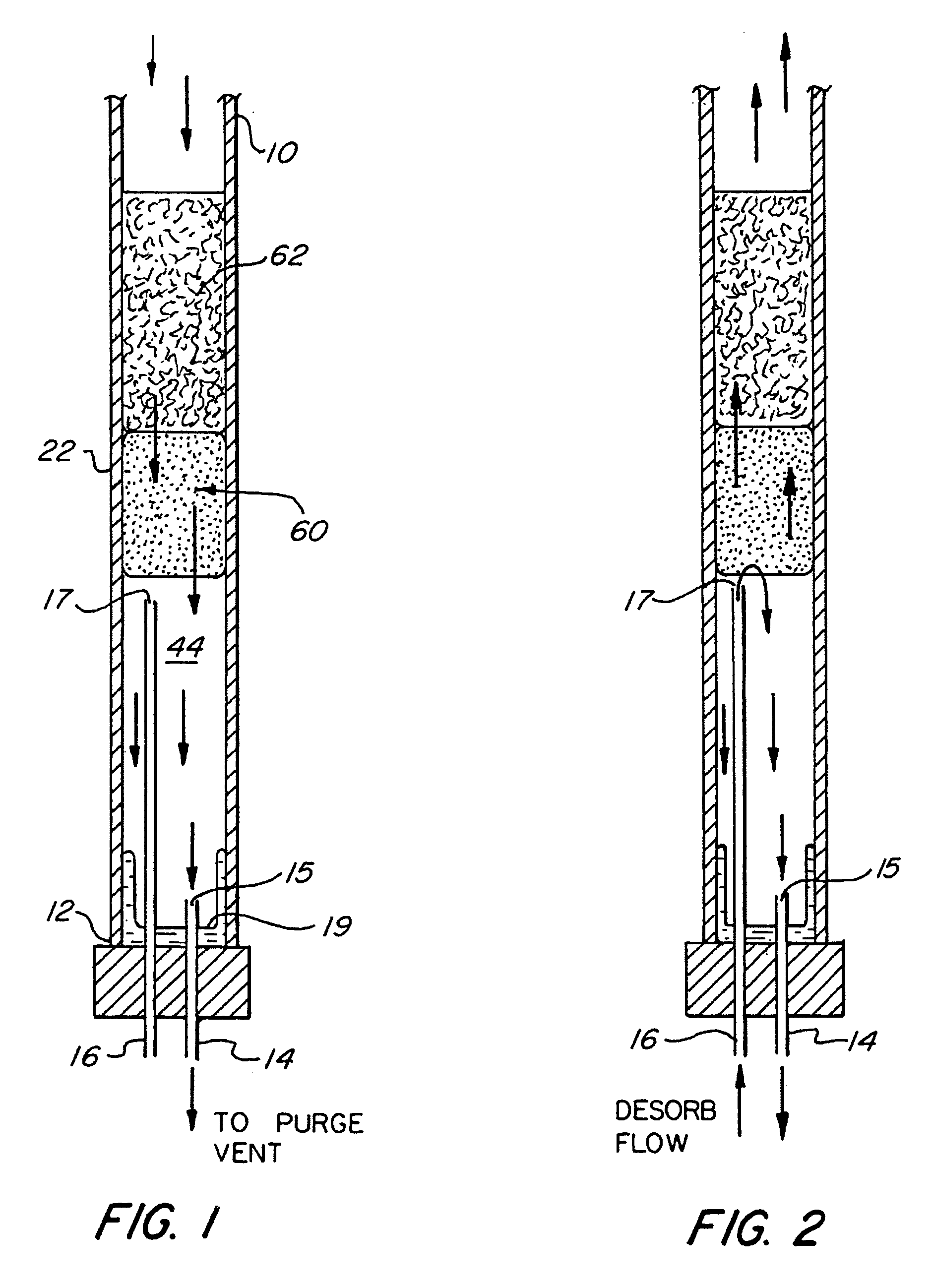 Adsorbent housing with separated adsorption outflow and desorption inflow