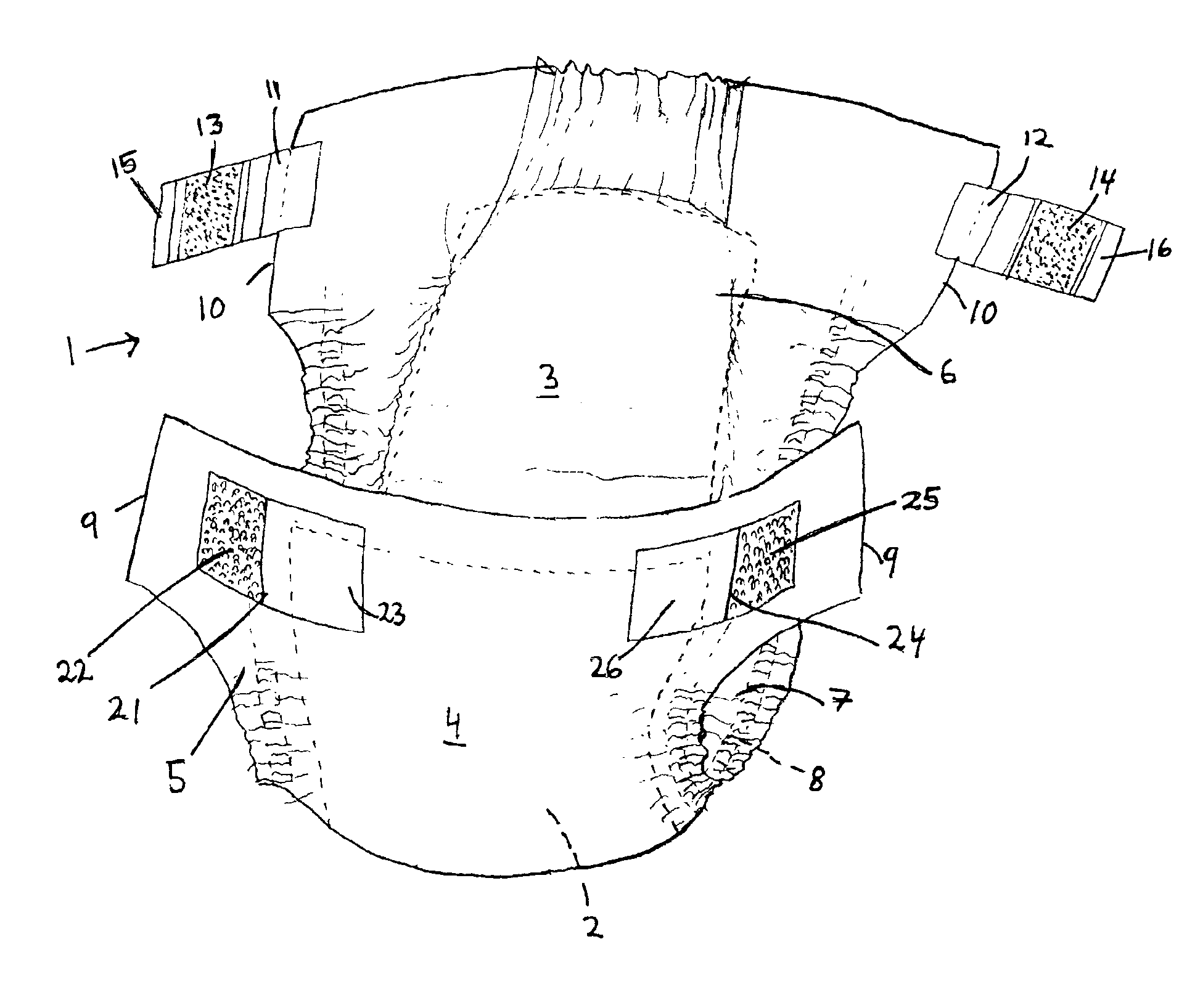 Fastening system for an absorbent product