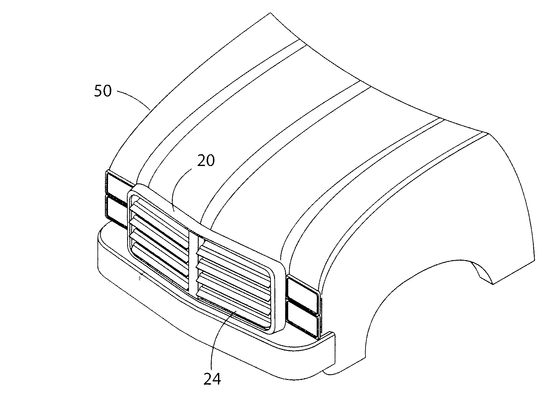 Variable vent system integrated into a vehicle front end grill